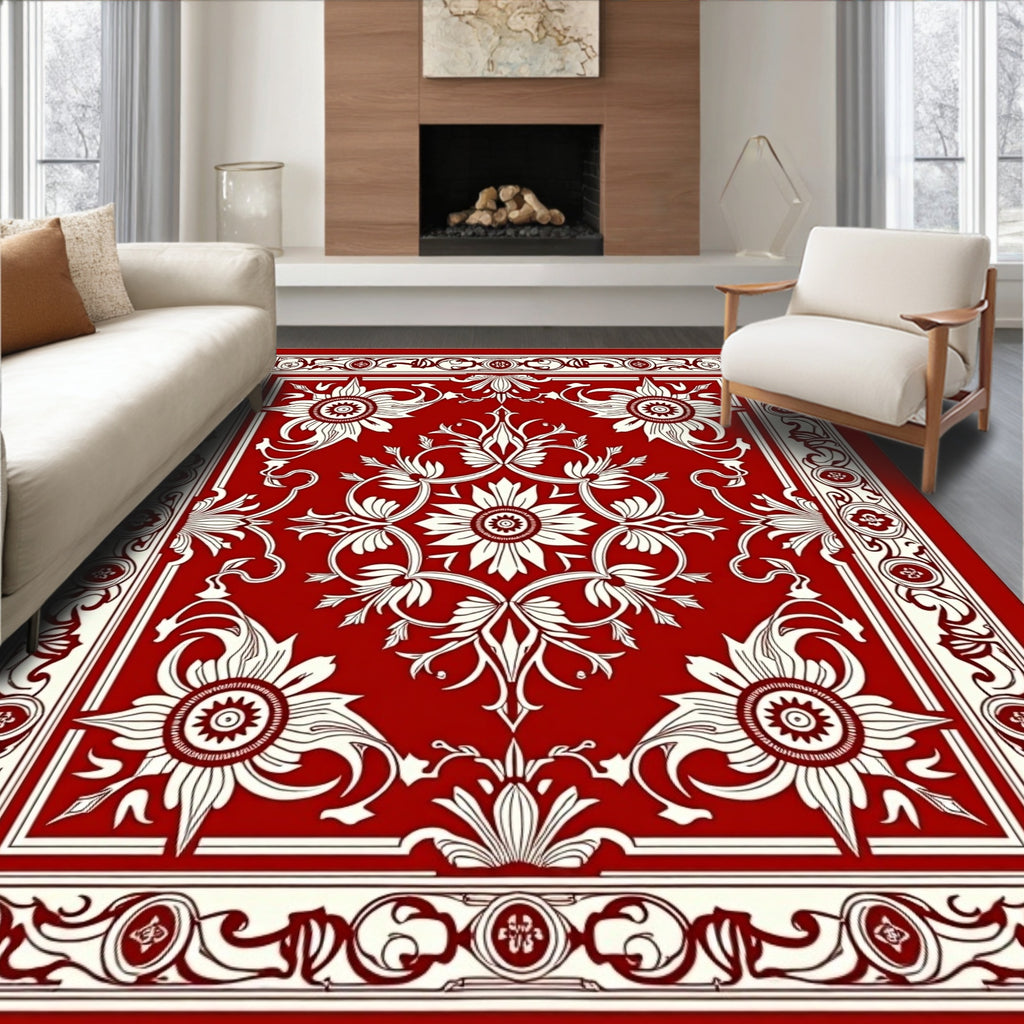 Red Cream Floral Scroll Border Rug