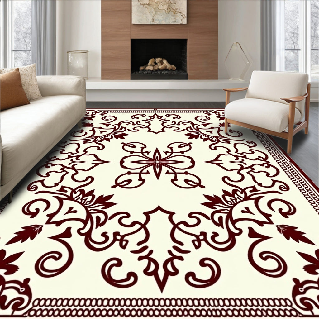 Dark Red Floral Scroll Border Rug