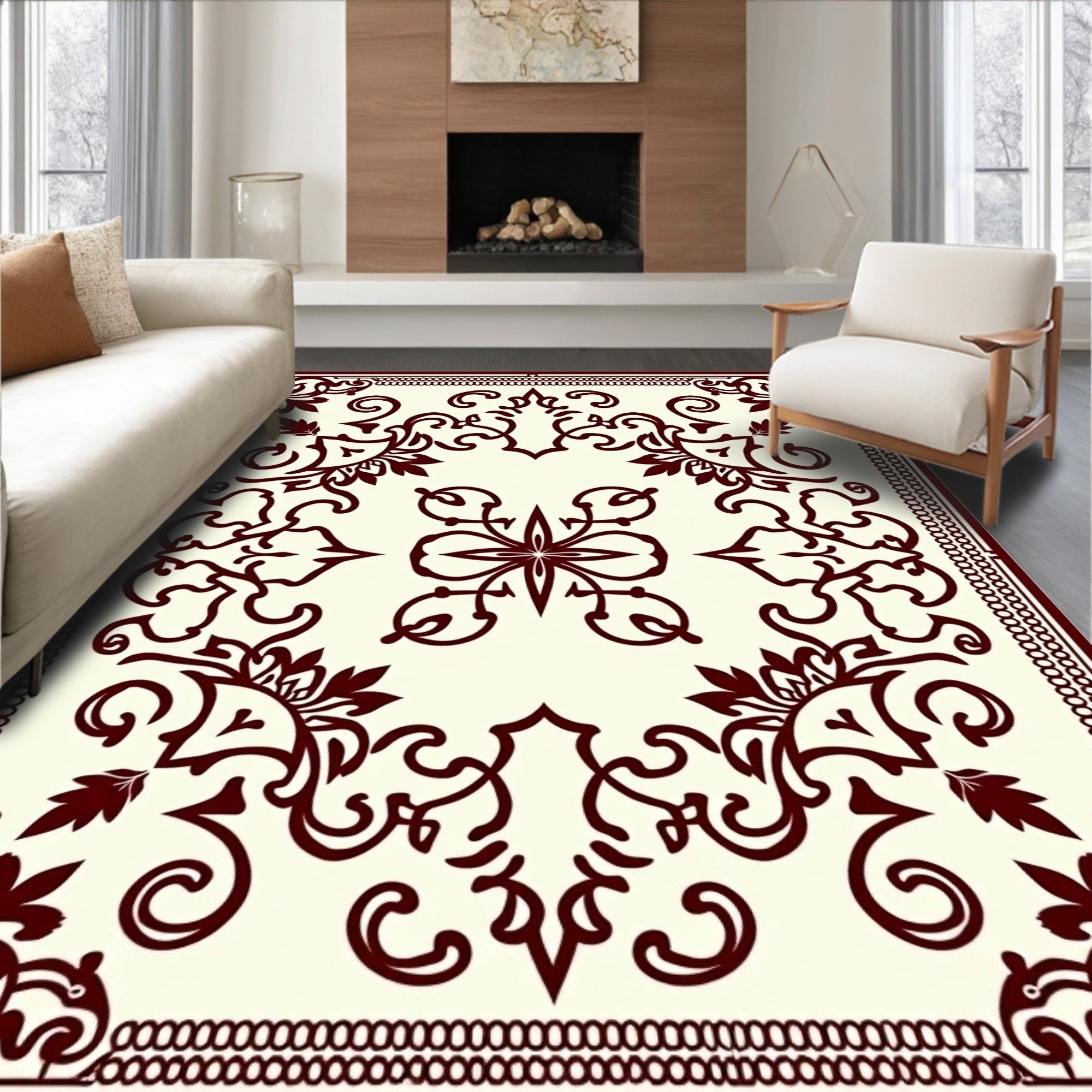 Dark Red Floral Scroll Border Rug