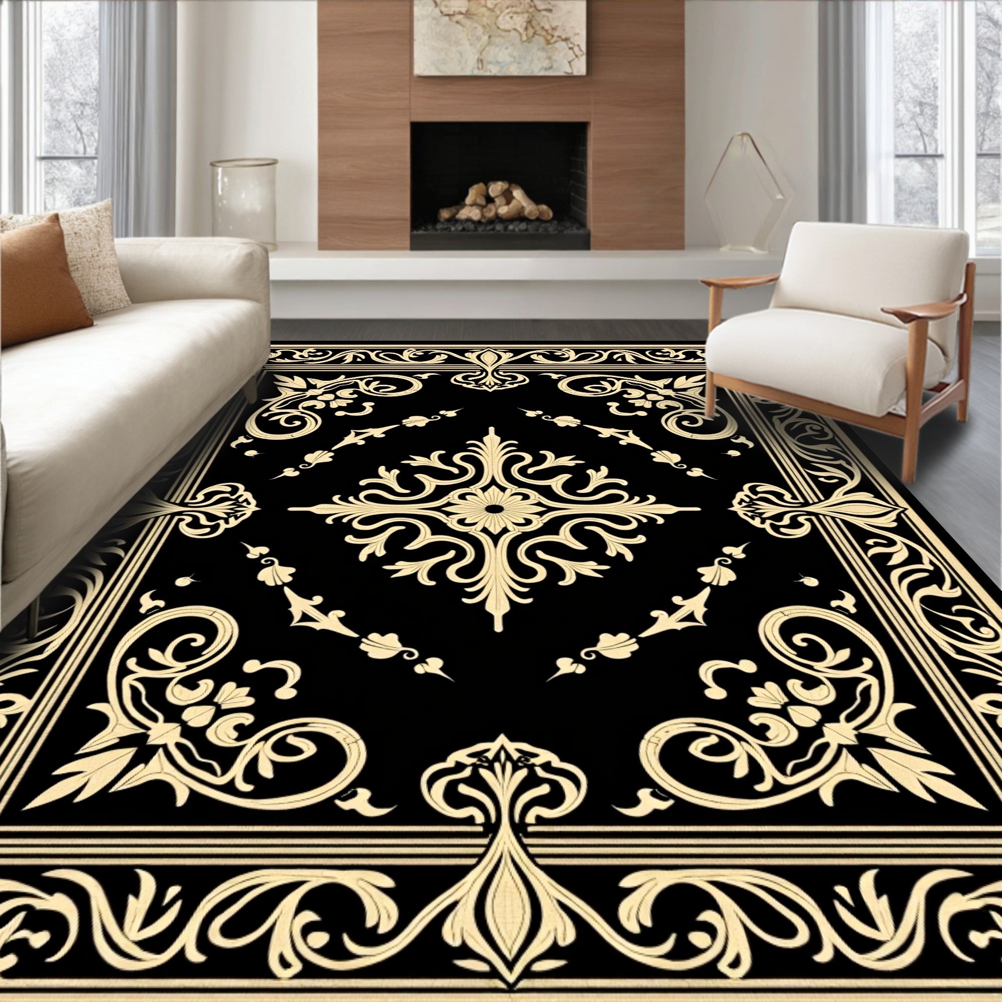 Black Gold Ornate Floral Border Rug