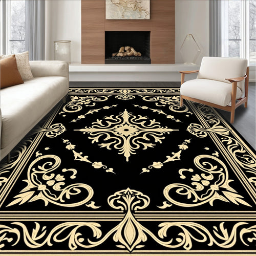 Black Gold Ornate Floral Border Rug
