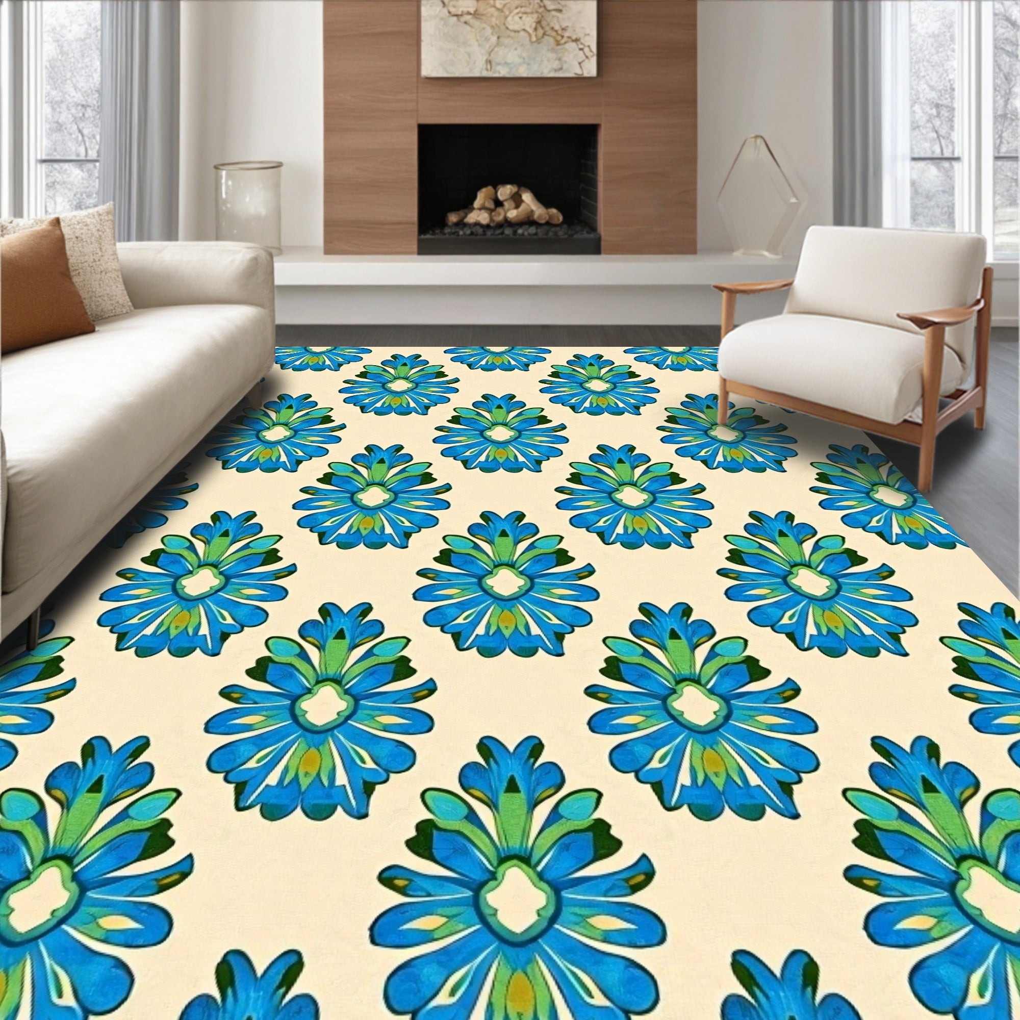 Turquoise Blue Green Floral Scroll Rug
