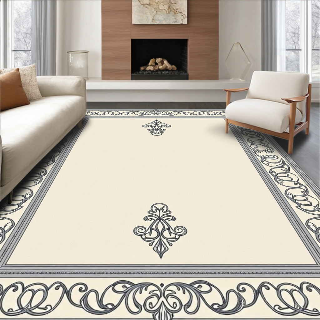 Ornate Gray Scrollwork Embellished Frame Rug