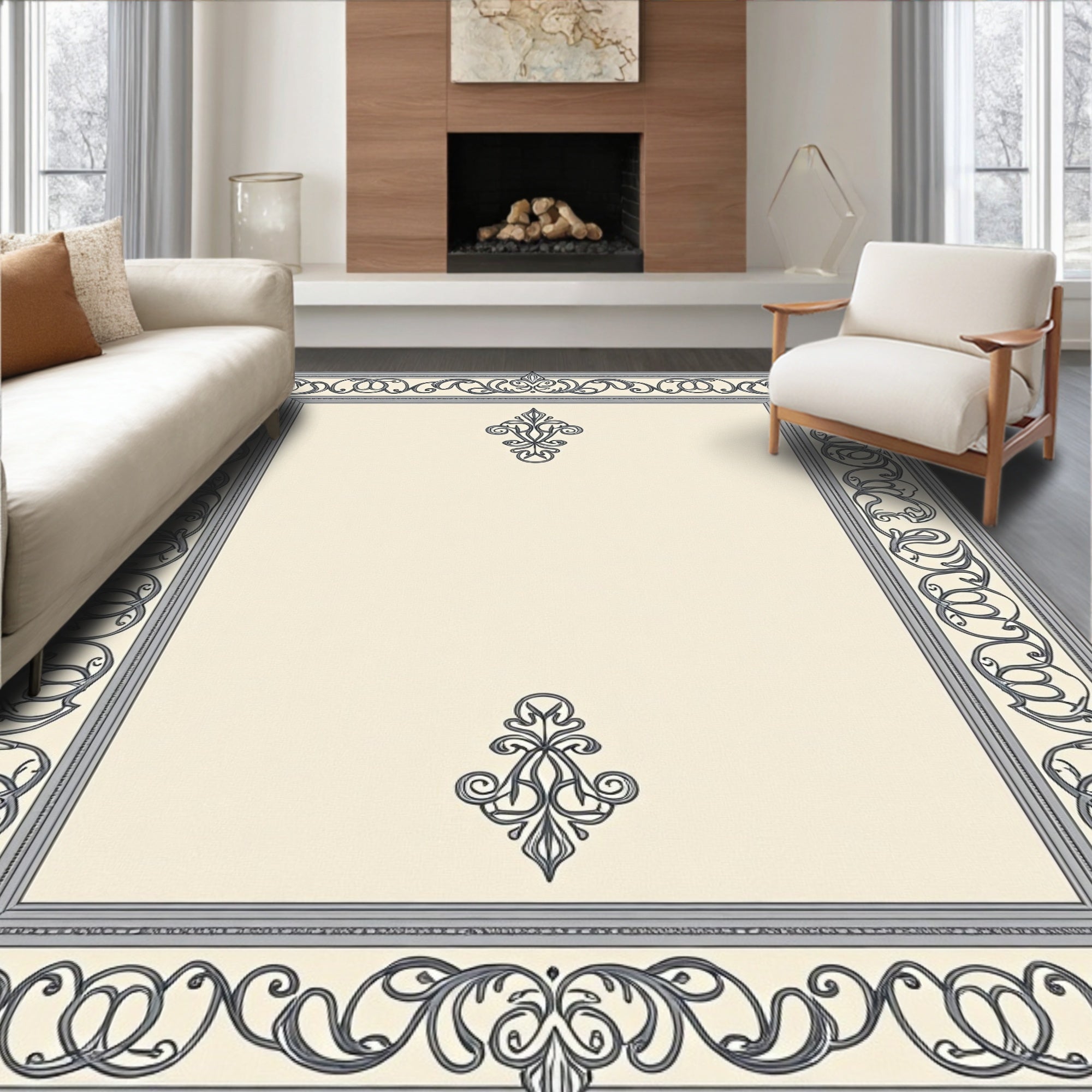 Ornate Gray Scrollwork Embellished Frame Rug