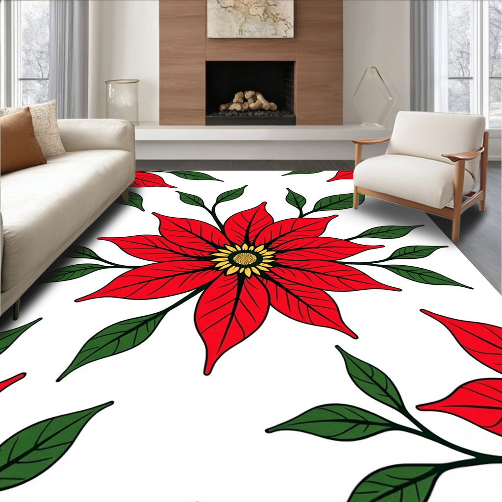 Red Poinsettia Bloom Leafy Sprig Rug