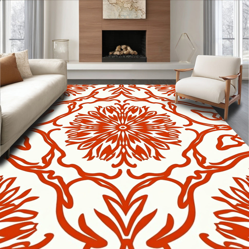 Bold Red Floral Medallion Scroll Rug