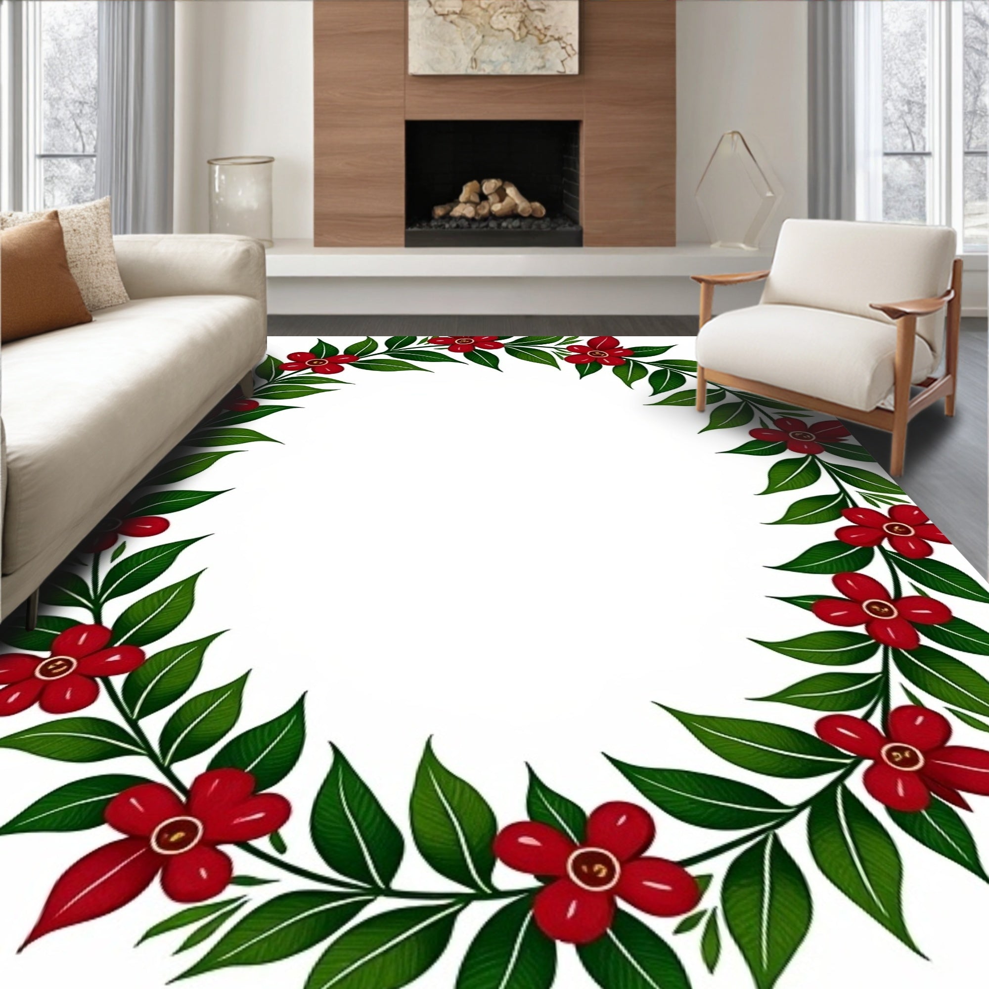 Crimson floral garland with green leaves Rug