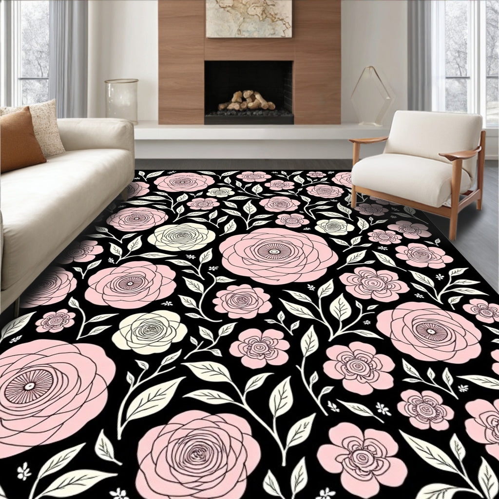 Pink White Rose Garden Black Rug