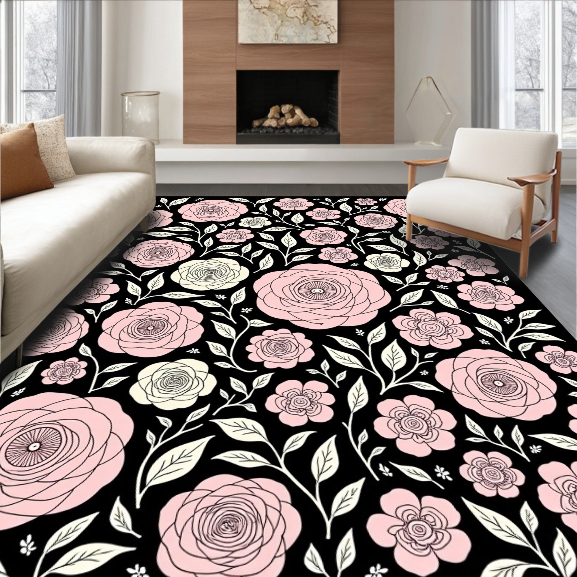 Pink White Rose Garden Black Rug