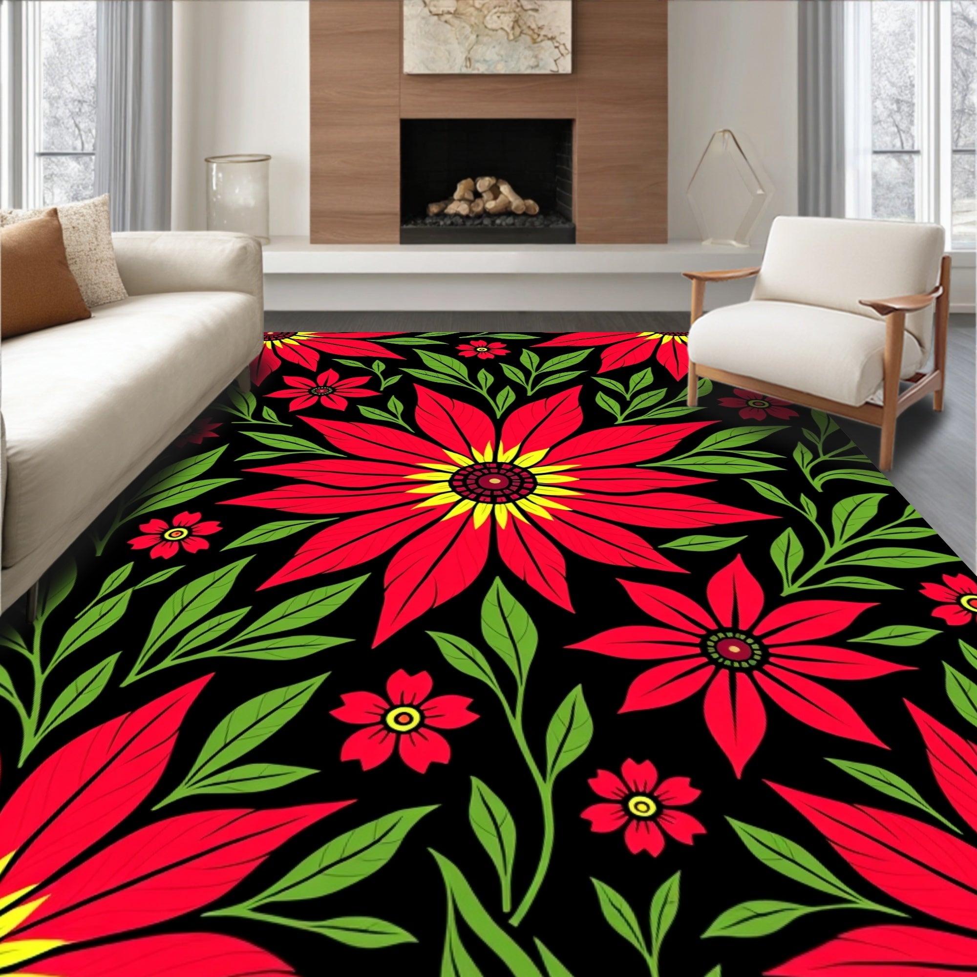 Bright Red Yellow Floral Garden Rug