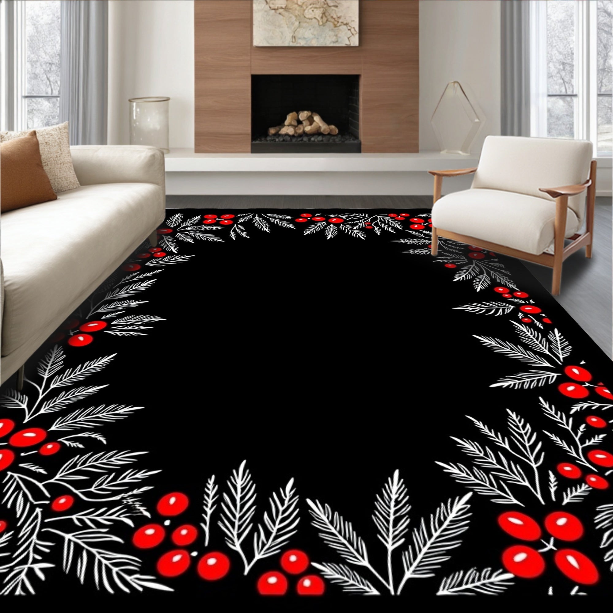 Red Berry Branch Border Rug