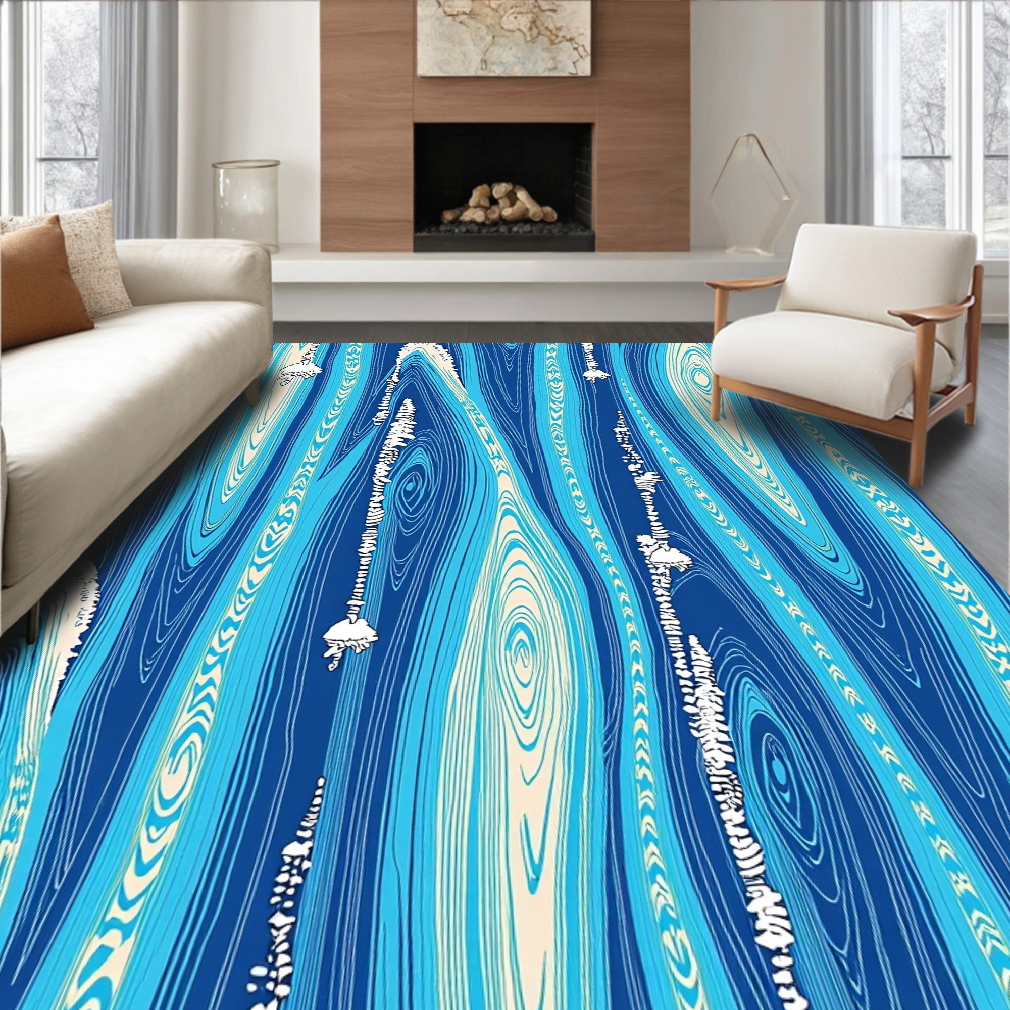 Oceanic Blue Wood Grain Jellyfish Rug