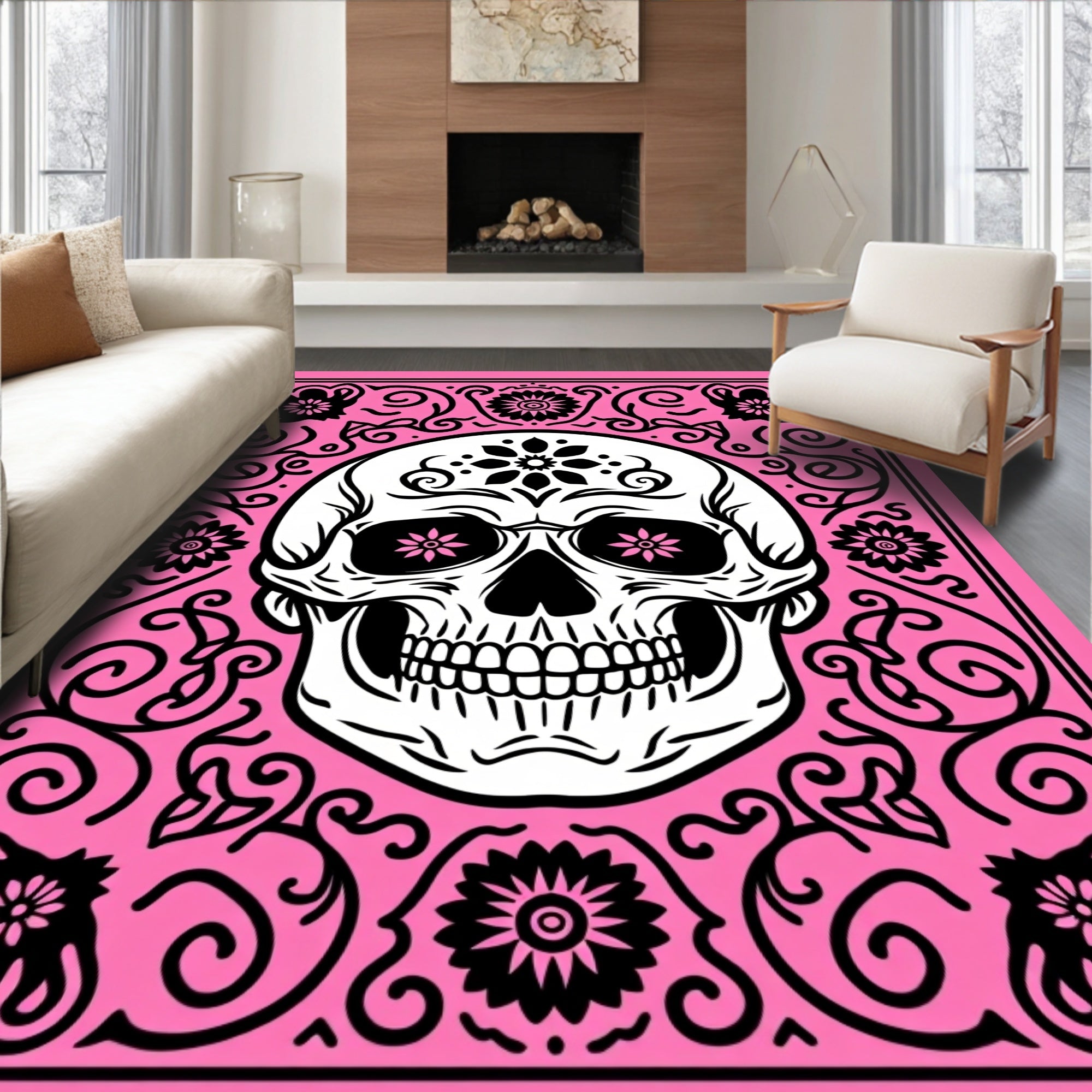 Pink Skull Floral Sugar Candy Art Rug