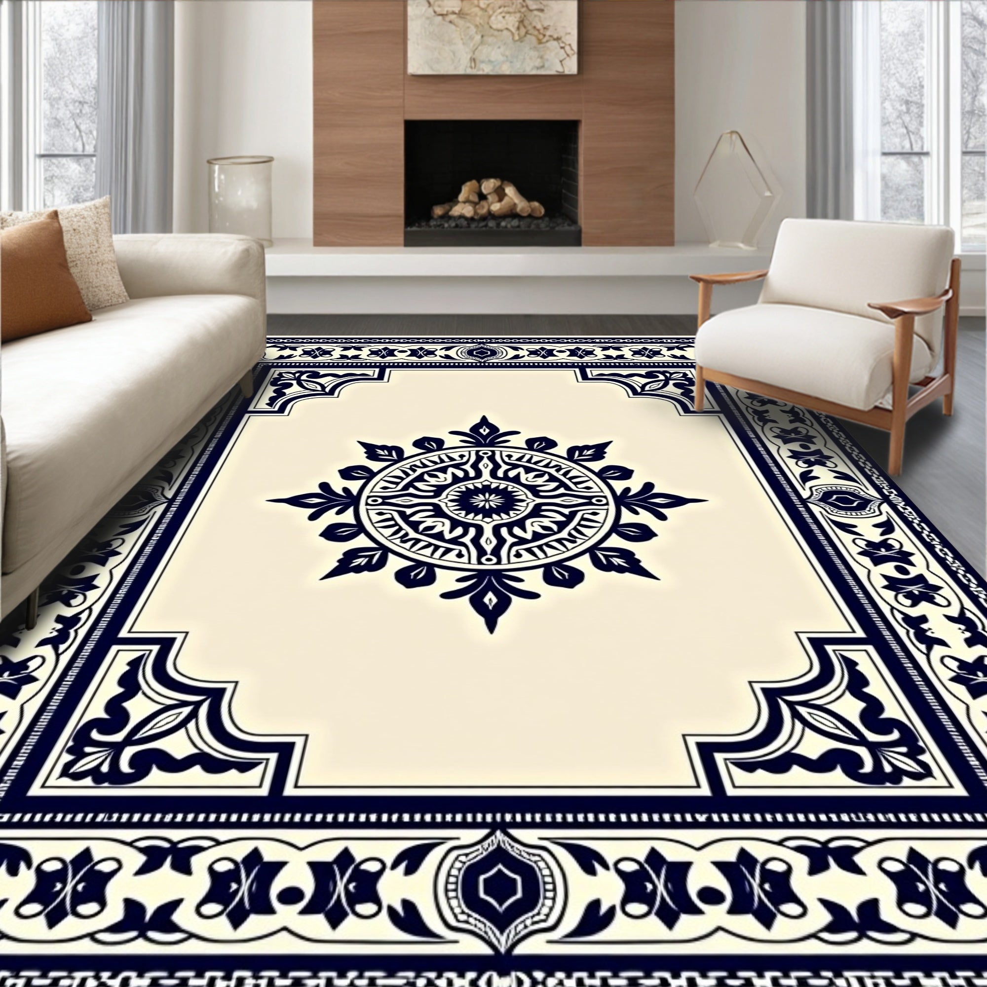 Deep Blue Mandalas Frame Rug