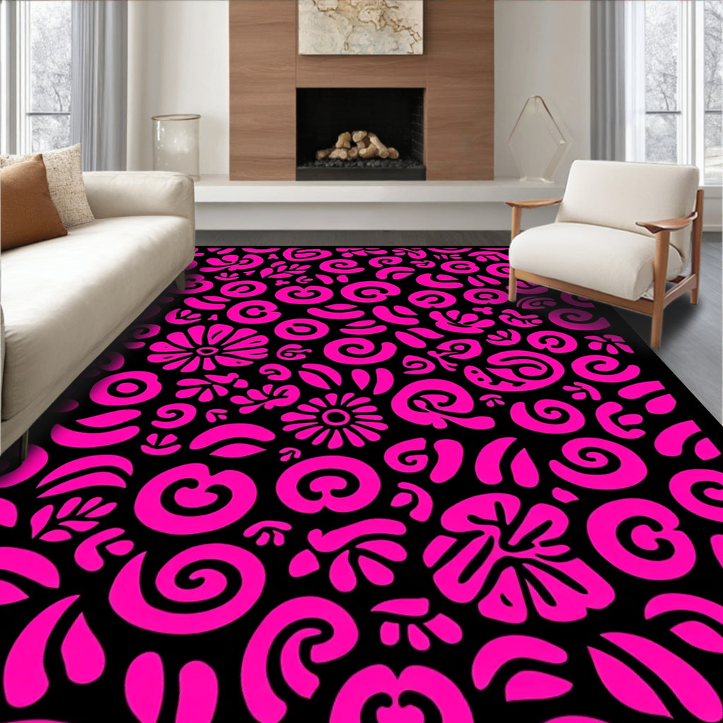 Bright Pink Abstract Floral Swirl Rug