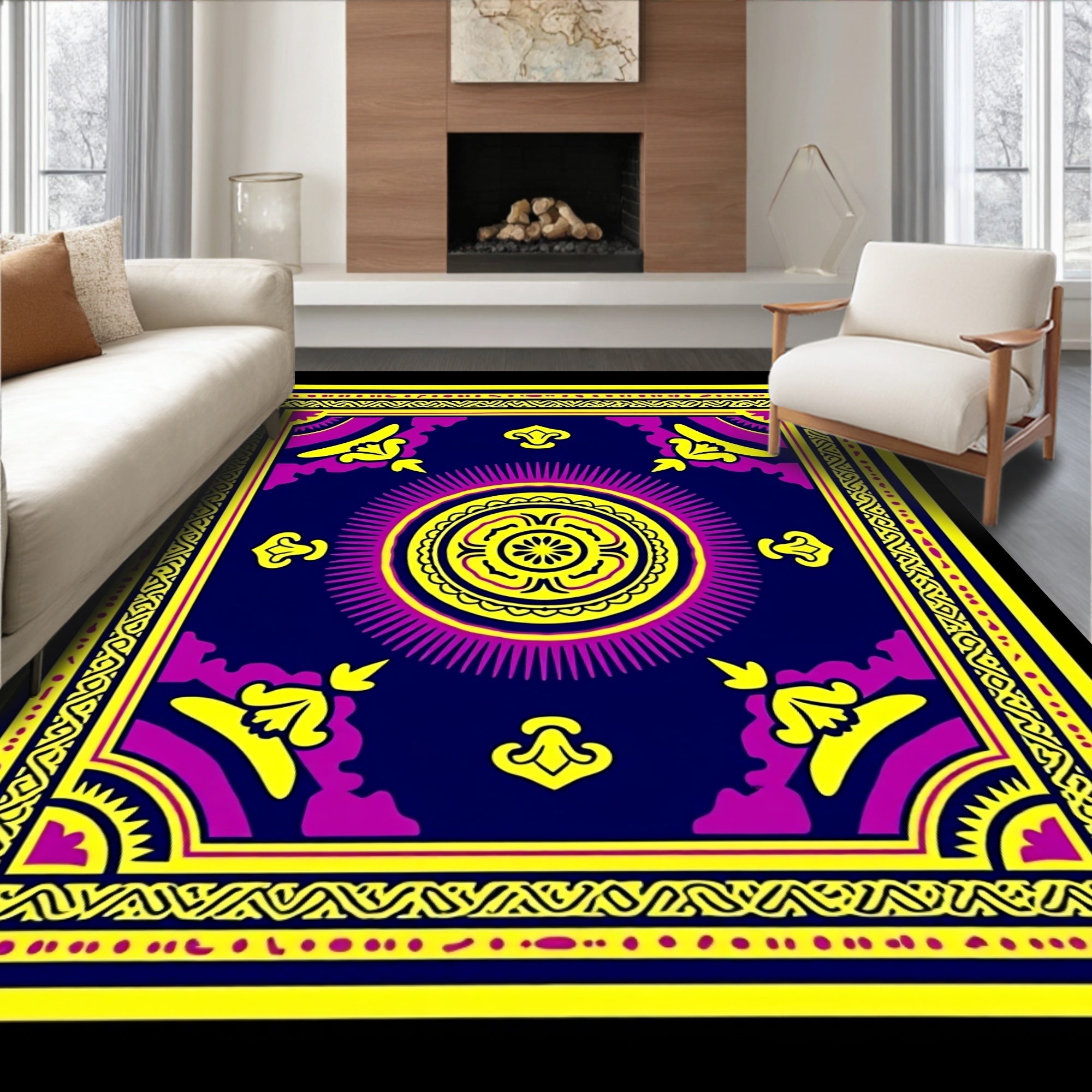 Vibrant Yellow Purple Sunburst Rug