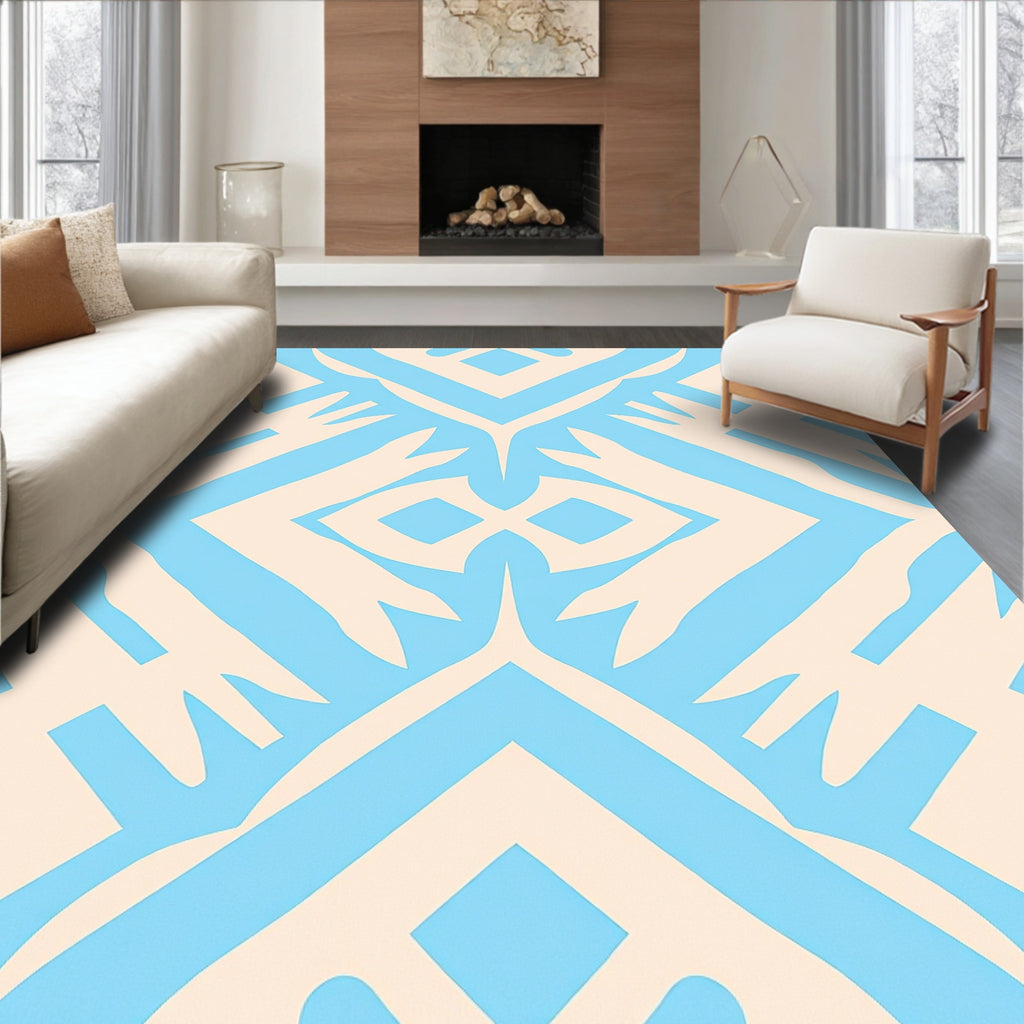 Light Blue Ivory Geometric Diamond Rug