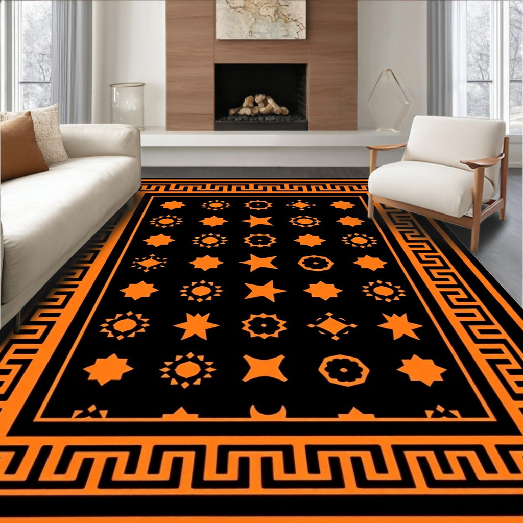 Black Orange Geometric Bordered Medallions Rug