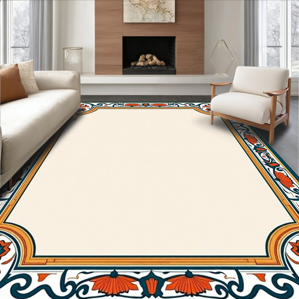 Orange Teal Floral Scroll Frame Rug