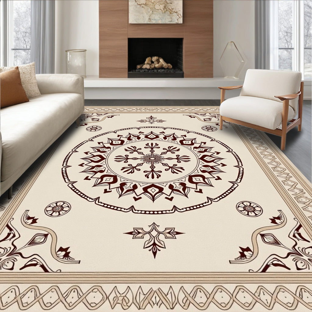 Ornate Cream and Maroon Medallion Rug