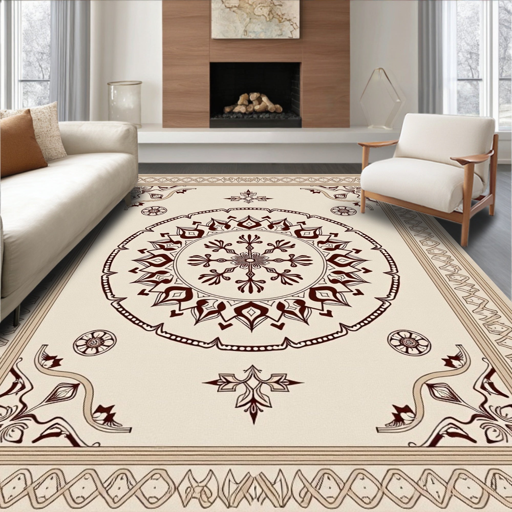 Ornate Cream and Maroon Medallion Rug