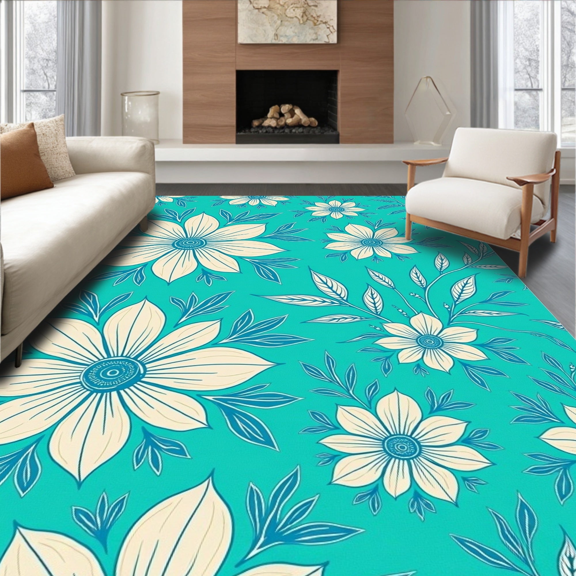 Cream Floral Vines Turquoise Background Rug