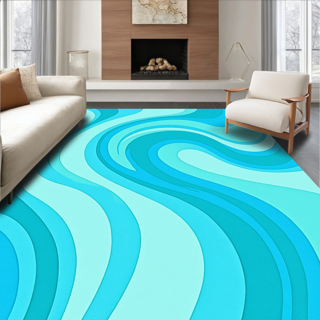 Aqua Teal Swirl Layered Waves Rug