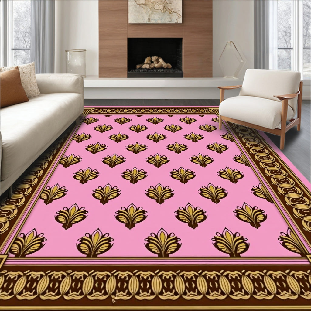 Pink Golden Floral Tiled Border Rug