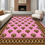 Pink Golden Floral Tiled Border Rug