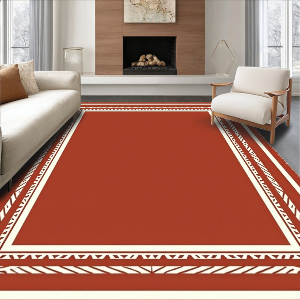 Terracotta White Geometric Border Rug