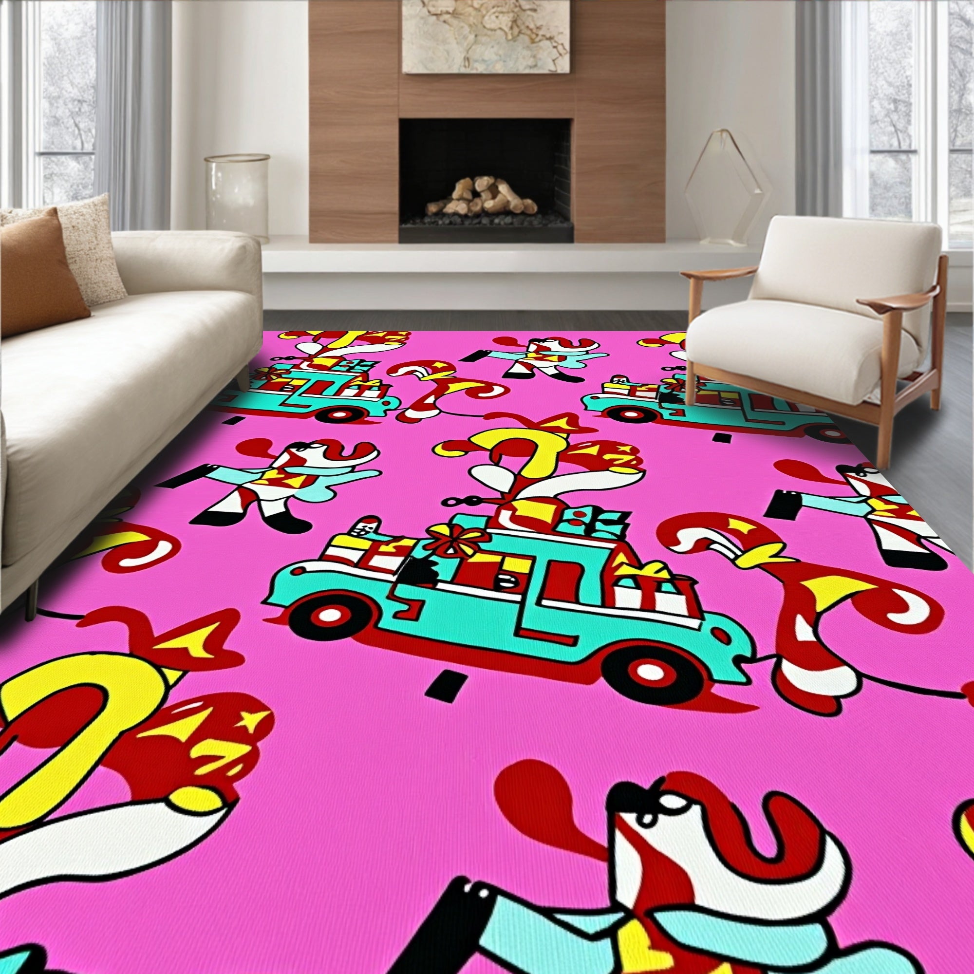 Whimsical Pink Christmas Truck Dog Candy Cane Rug