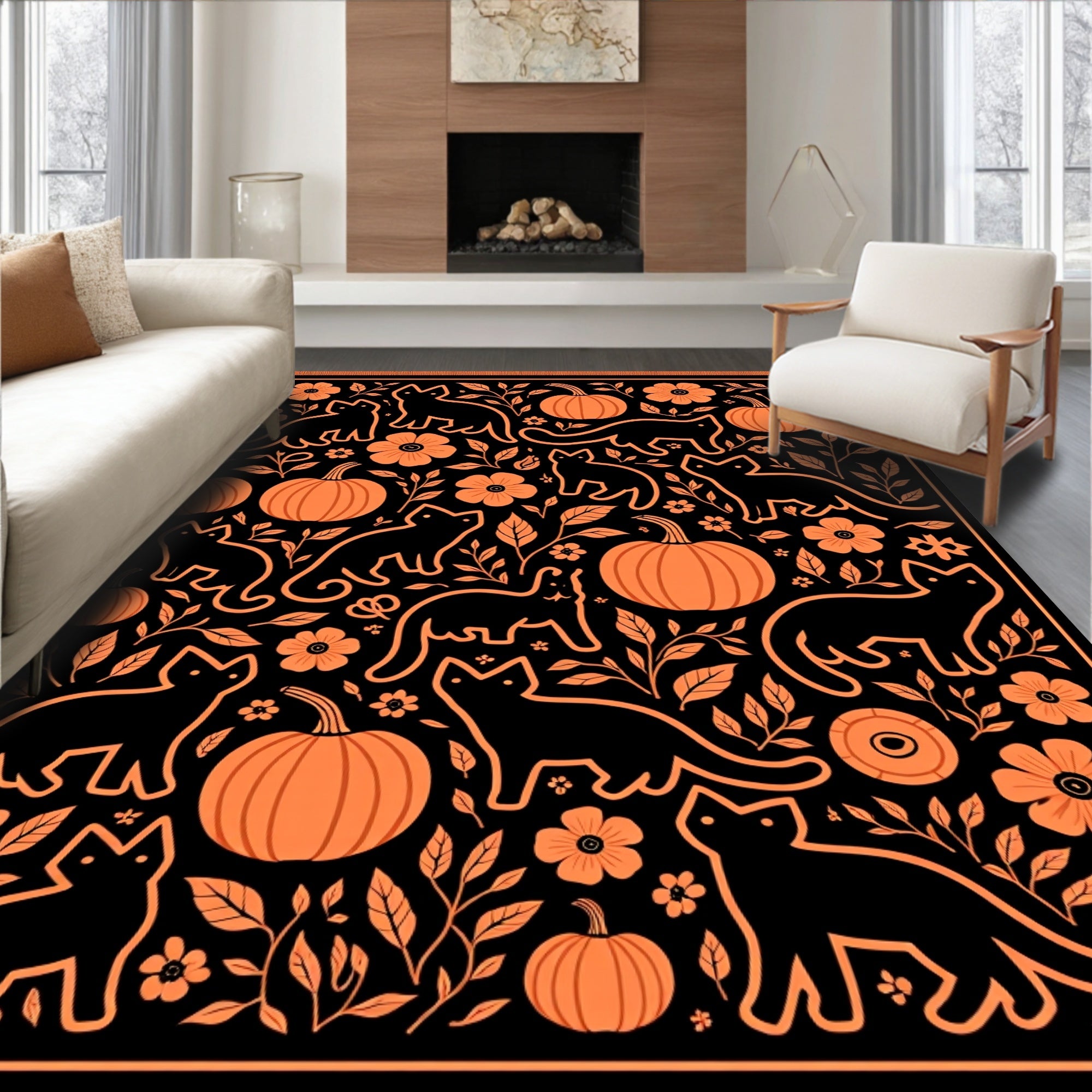 Black Orange Cat Pumpkin Floral Whimsical Rug
