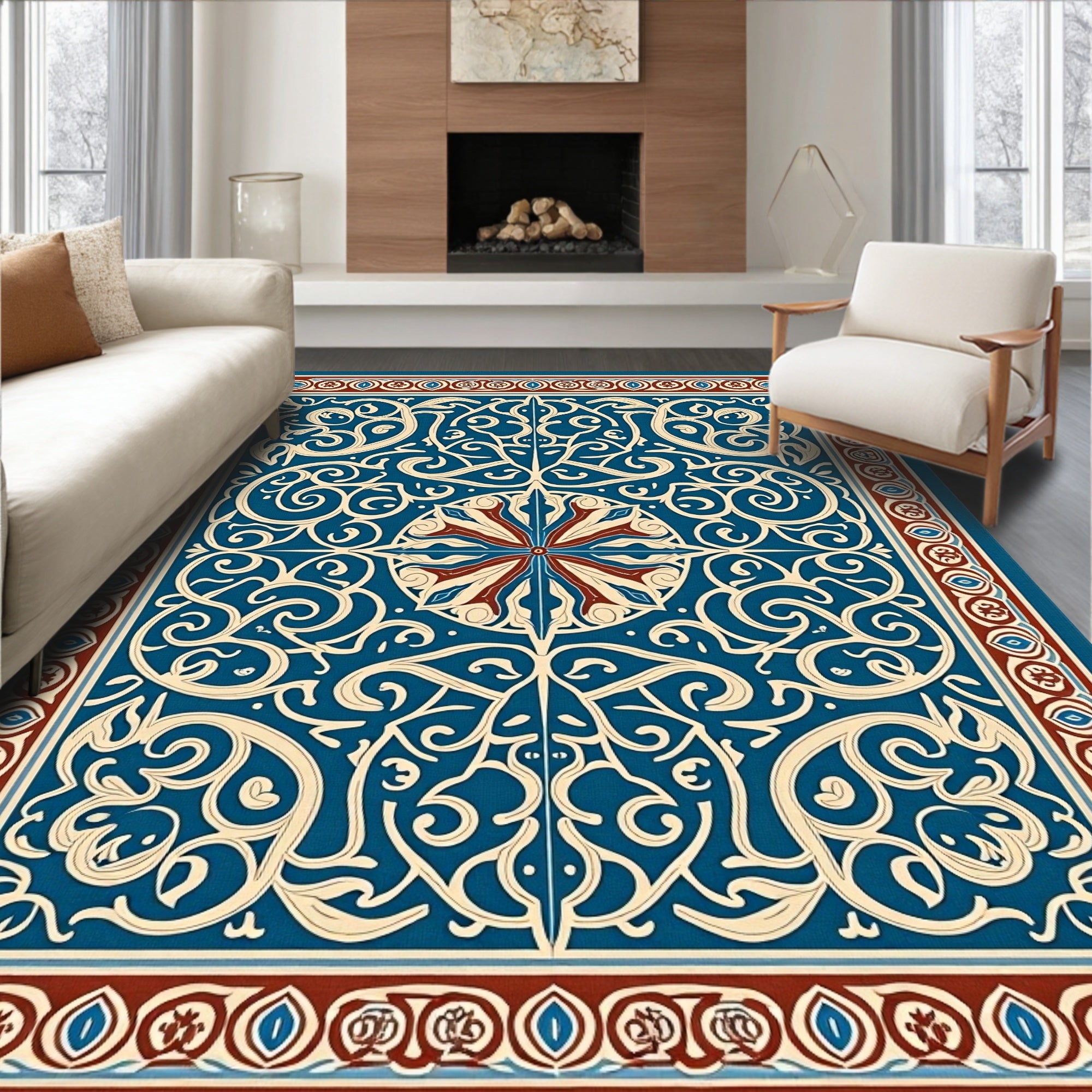 Classic Blue Red Floral Scroll Rug