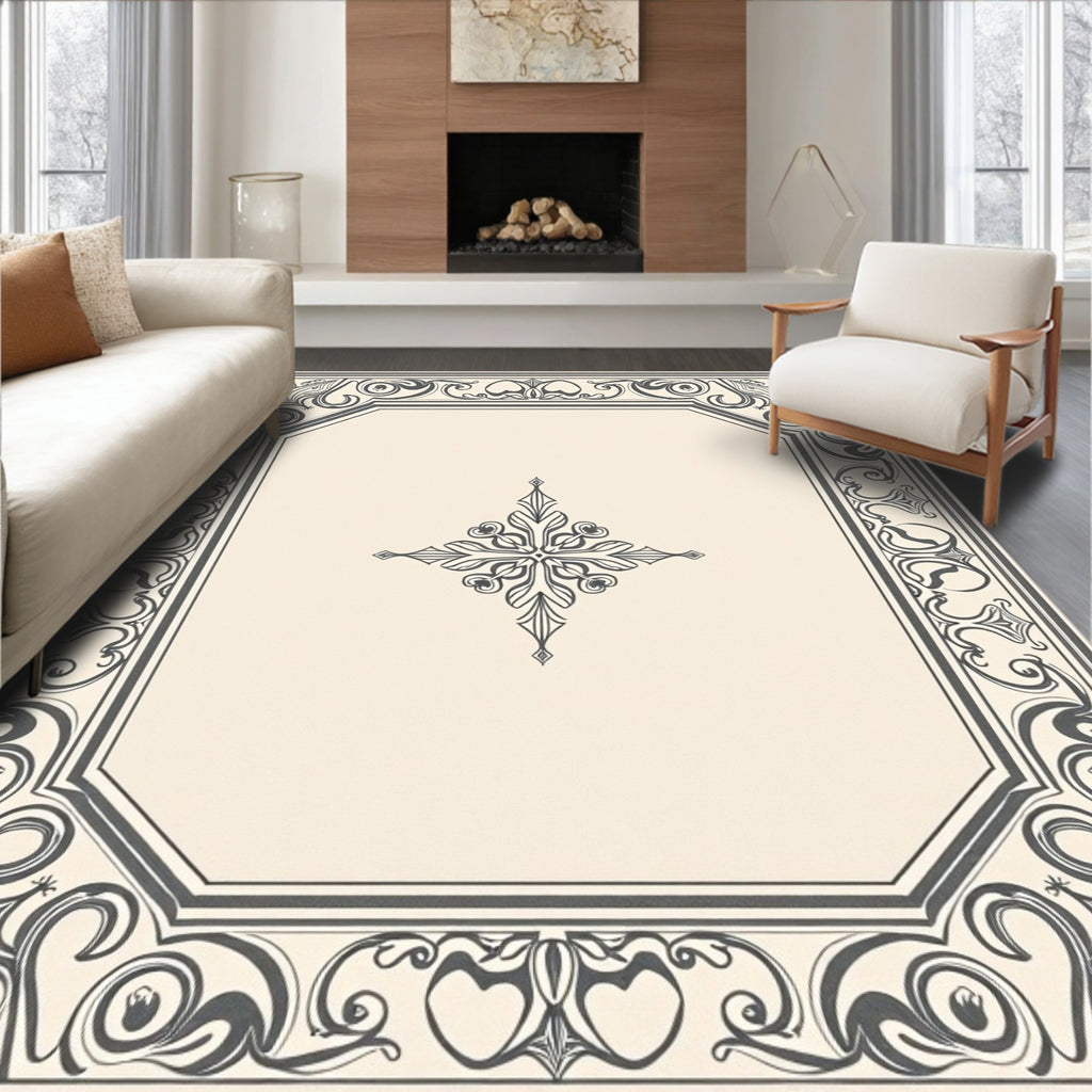 Ornate Gray Floral Border Cream Rug