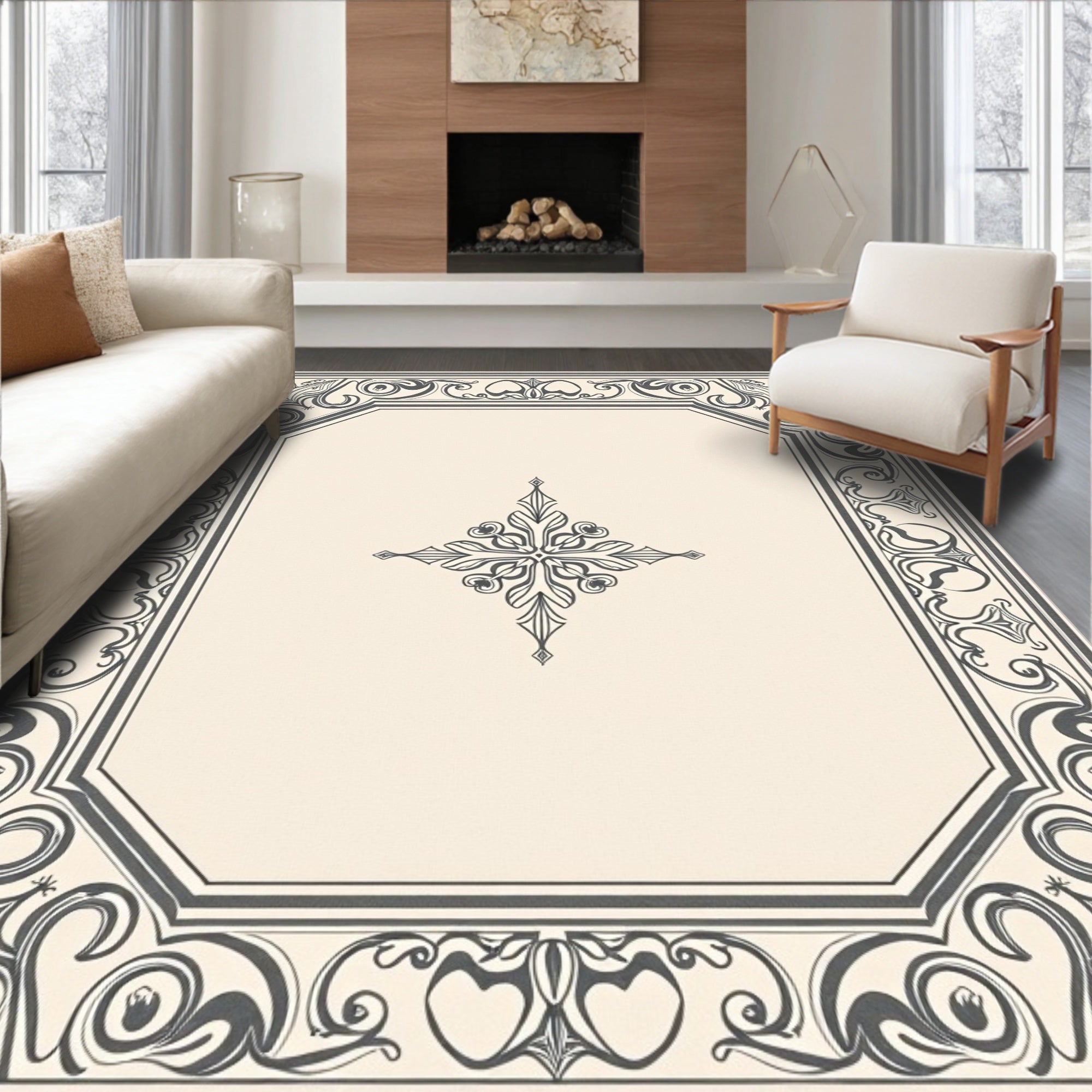 Ornate Gray Floral Border Cream Rug