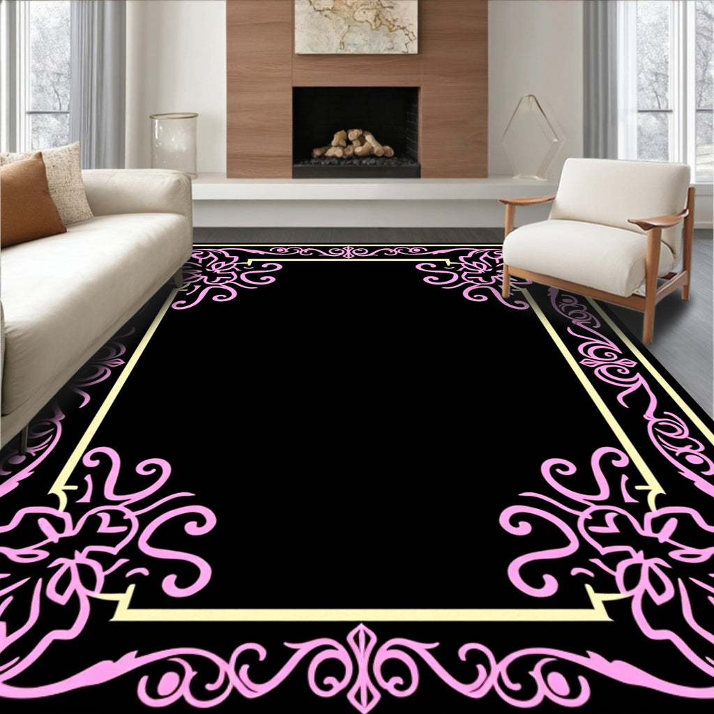 Pink Floral Scrollwork Border Rug