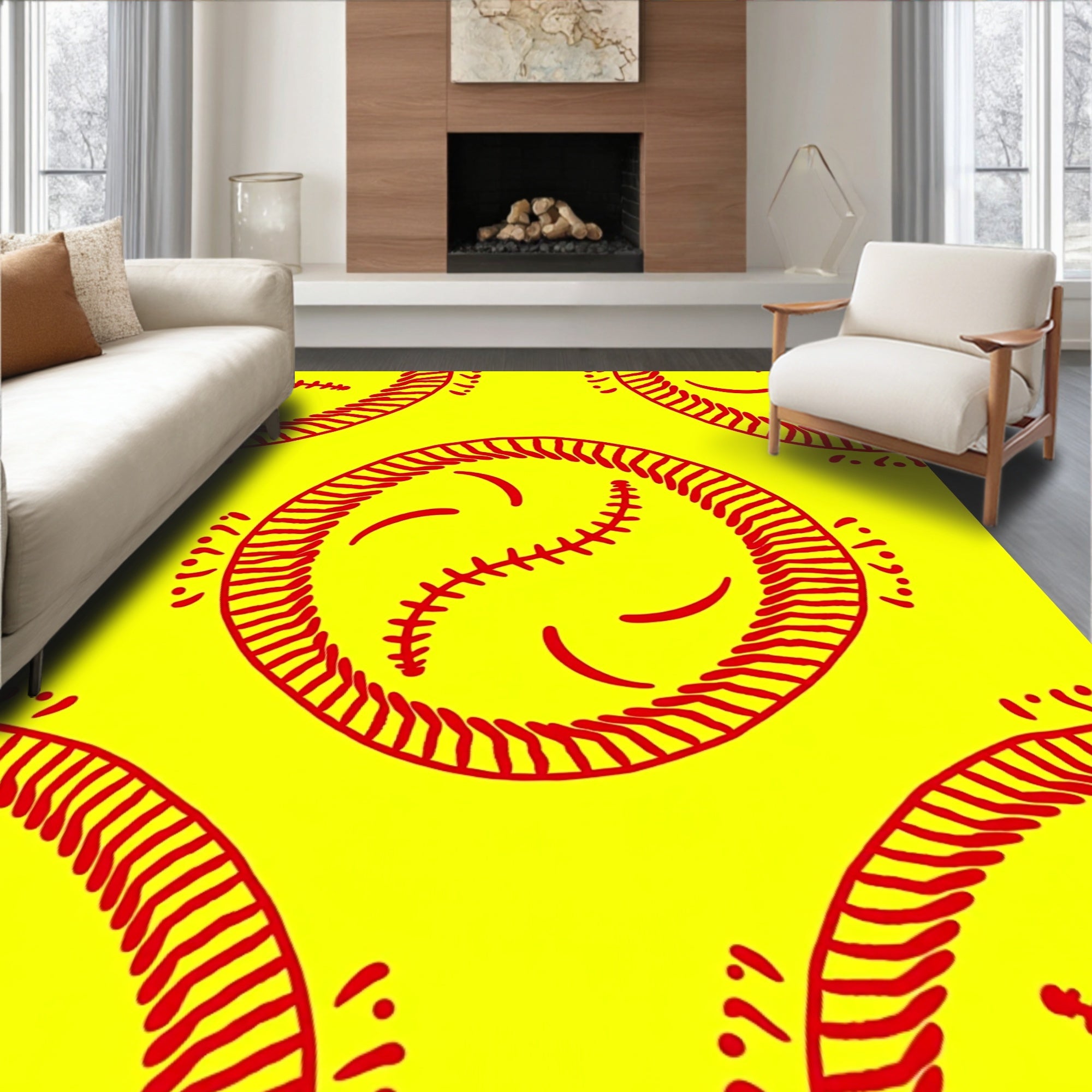 Red Baseball Yellow Graphic Repeat Rug