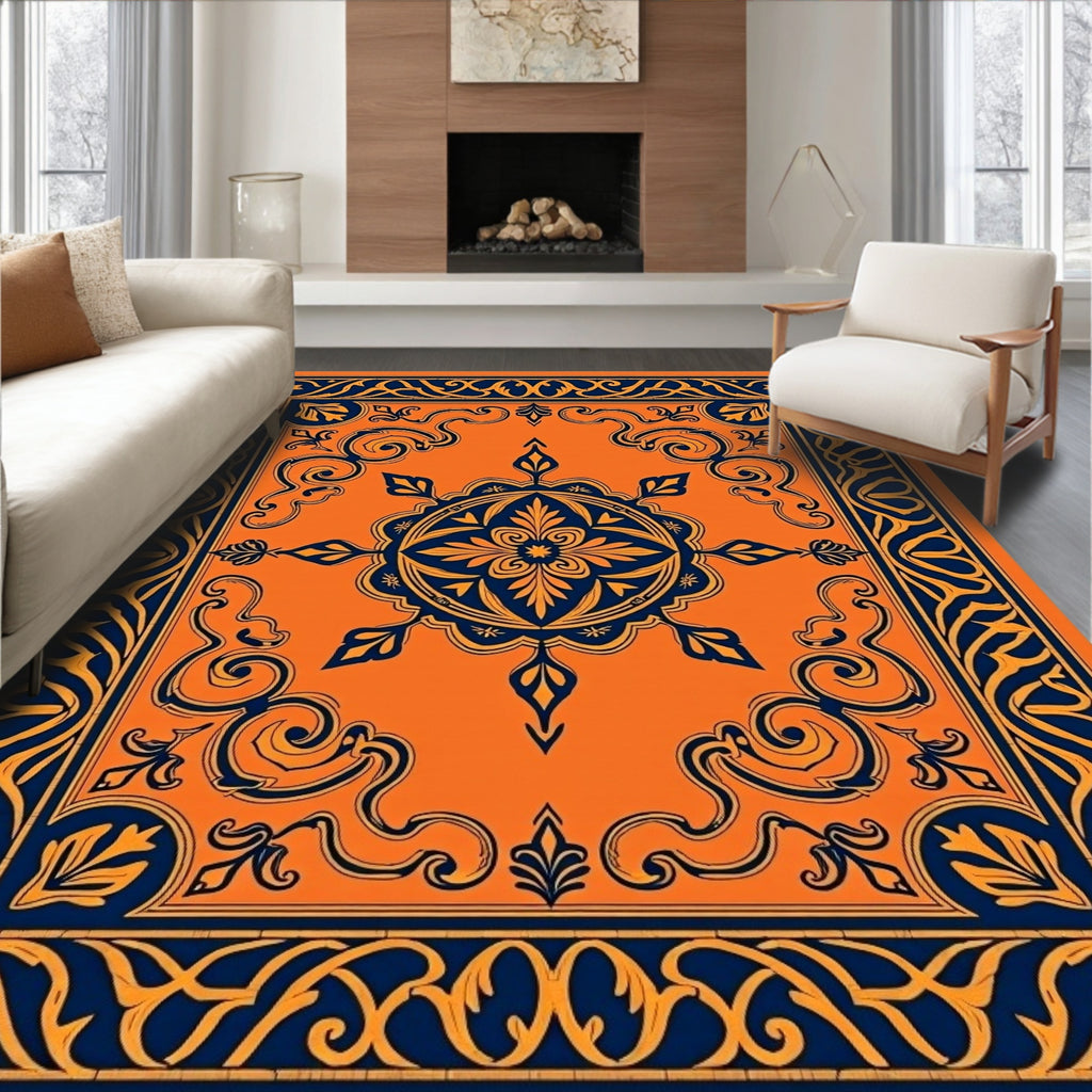 Vibrant Orange Navy Floral Medallion Rug