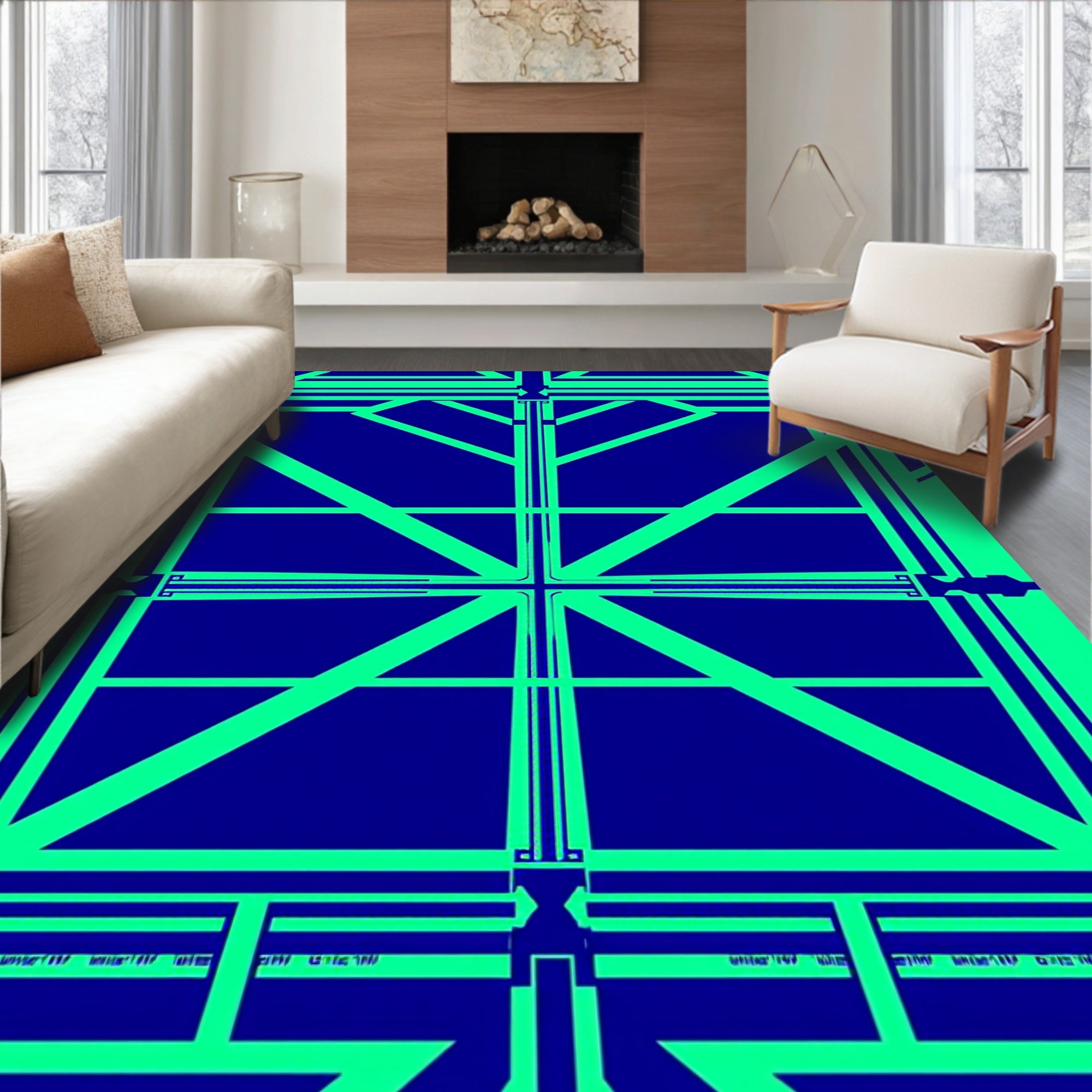Electric Blue Geometric Starburst Rug