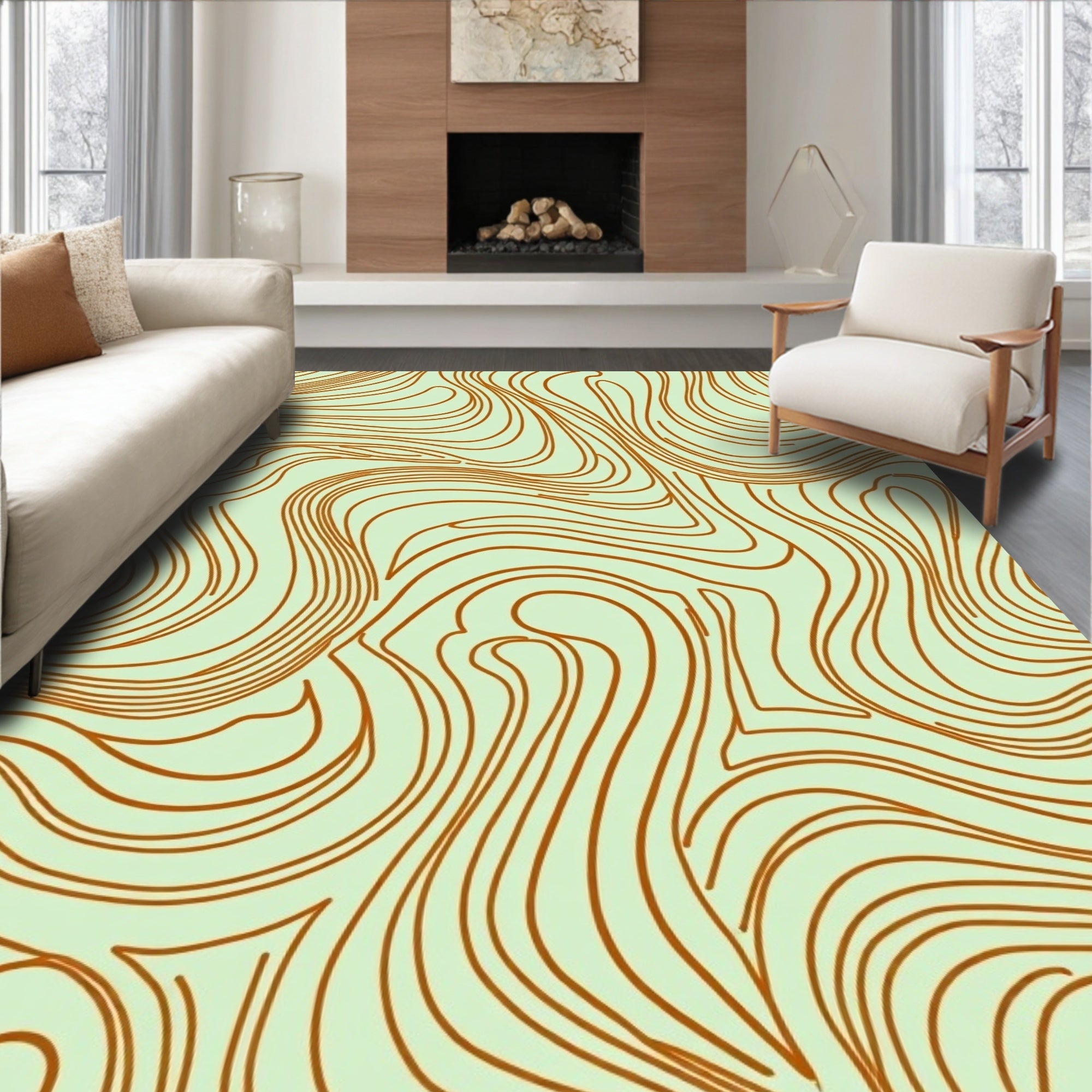 Terracotta Swirls on Pale Green Background Rug
