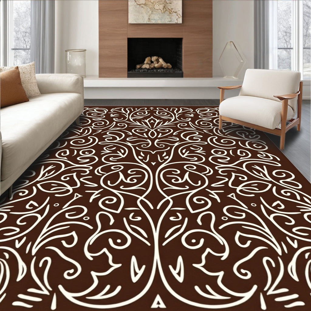 Chocolate cream ornate vine scrollwork Rug