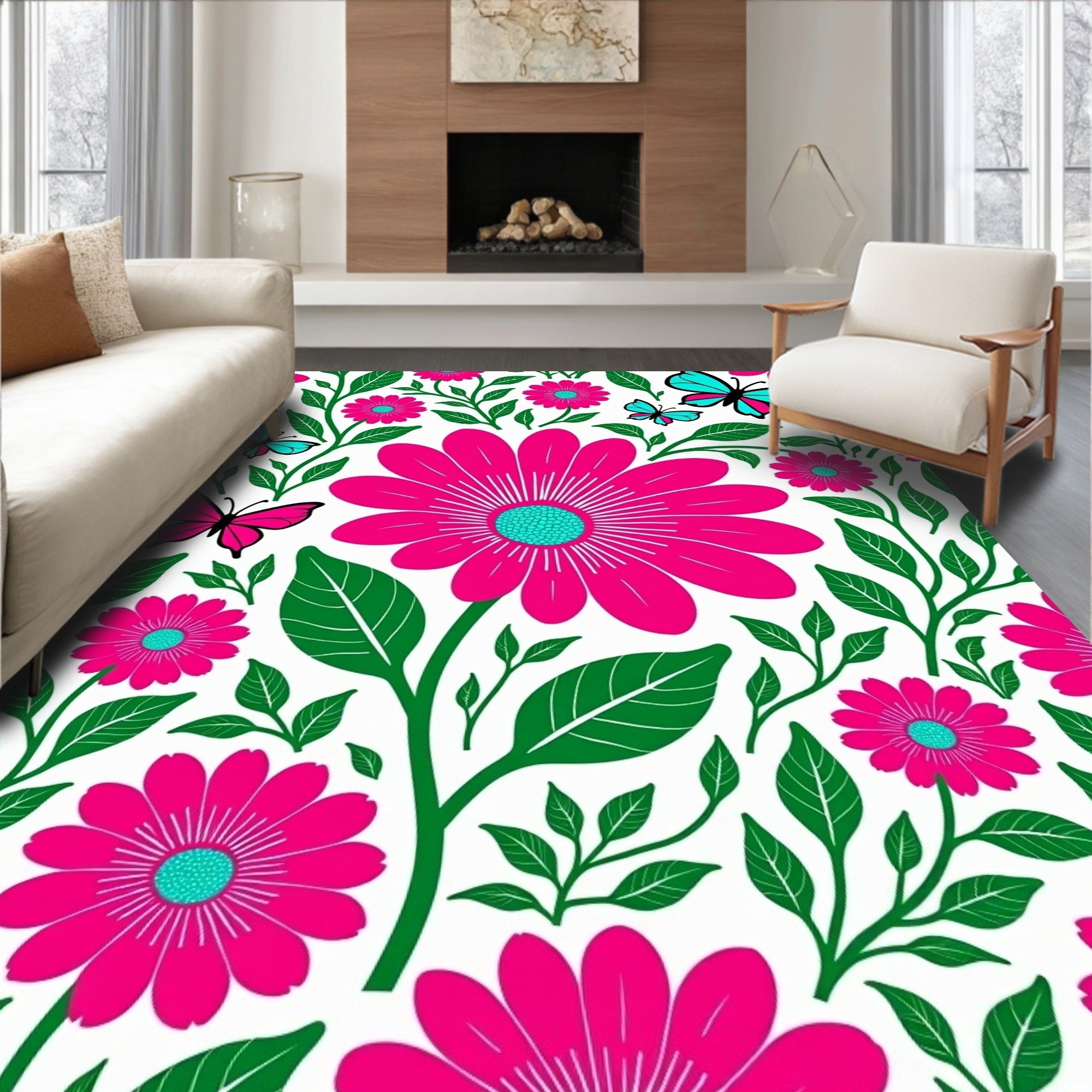 Vibrant Fuchsia Flower Butterfly Garden Rug