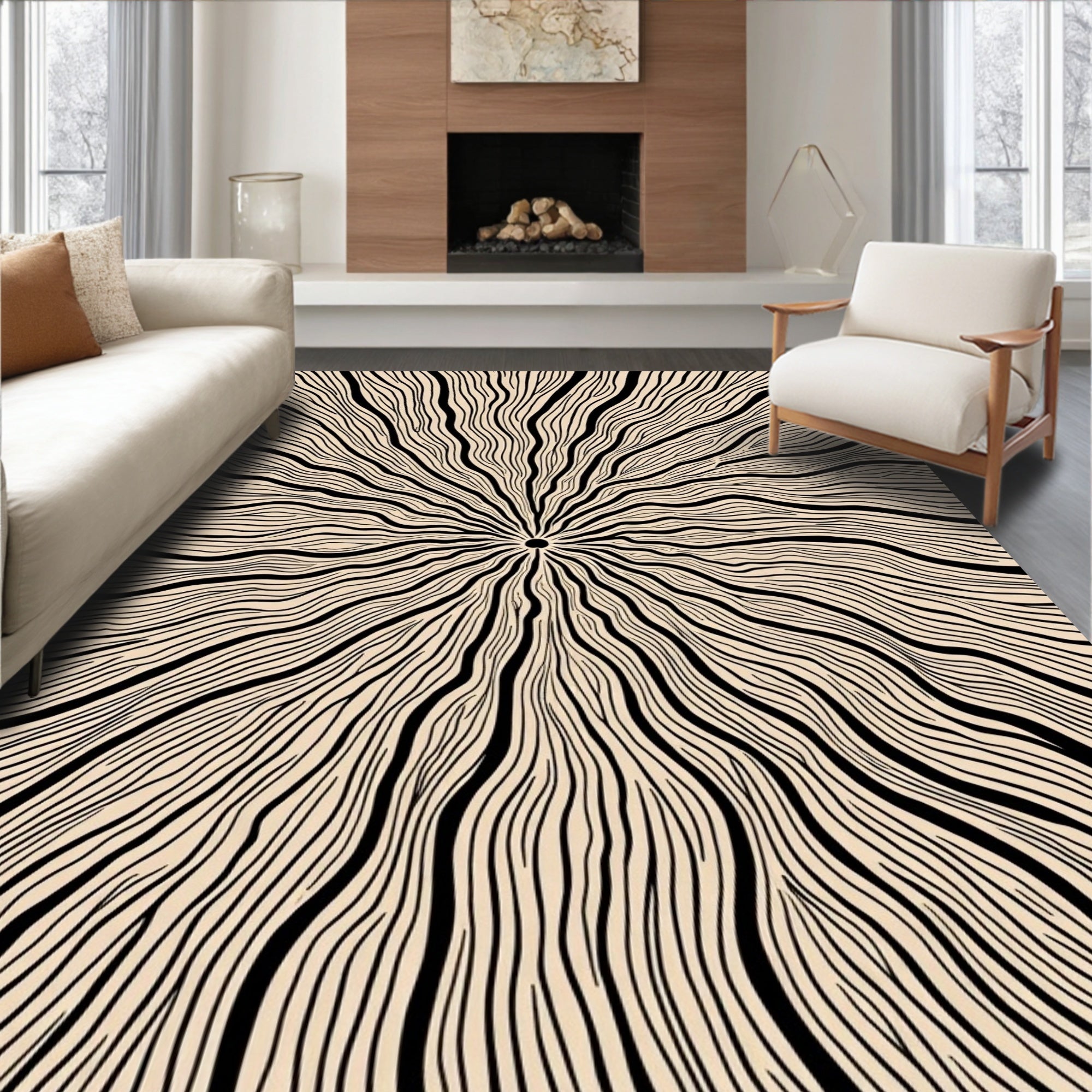 Black Abstract Radial Lines Contemporary Rug