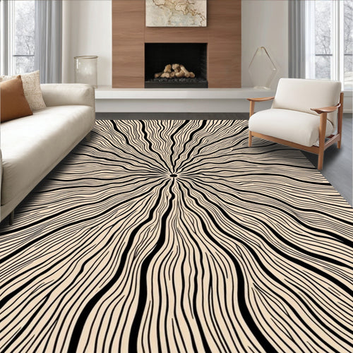 Black Abstract Radial Lines Contemporary Rug