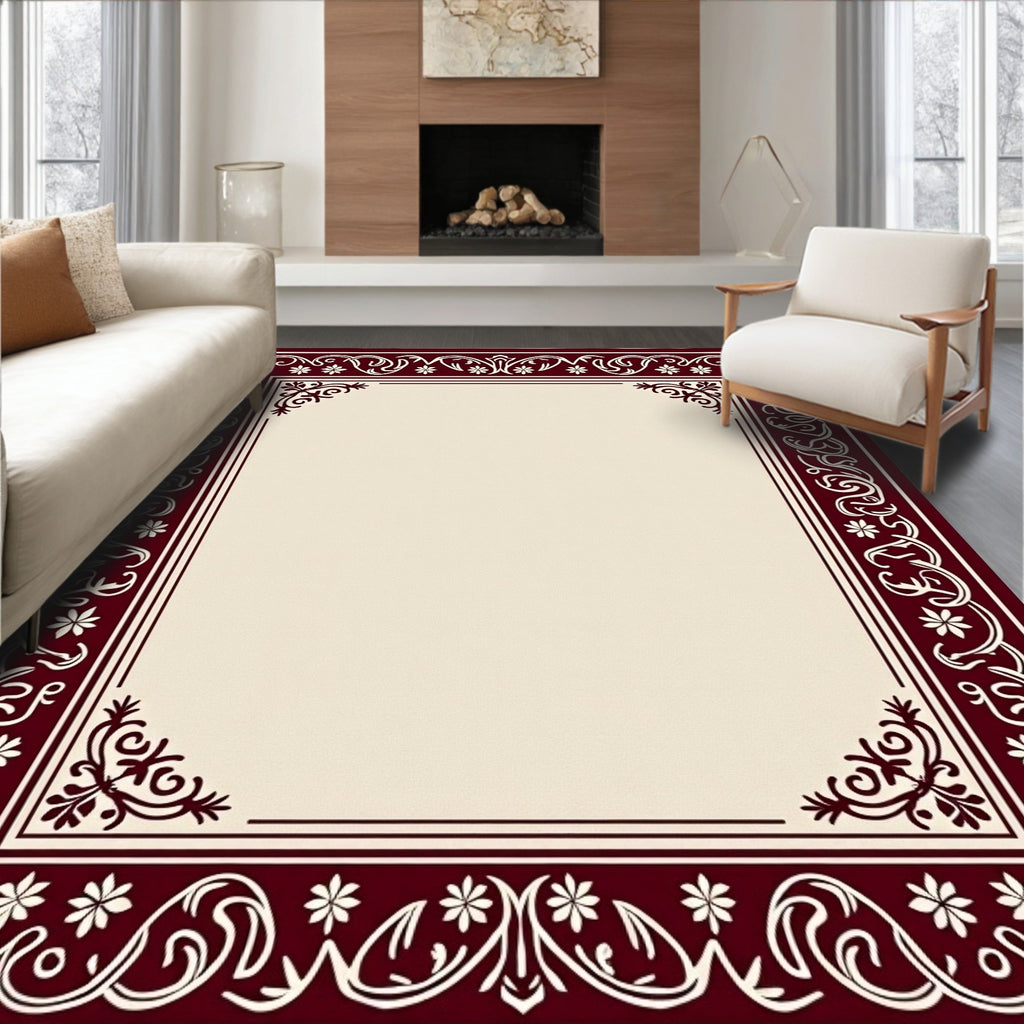 Crimson Floral Vine Scroll Border Rug