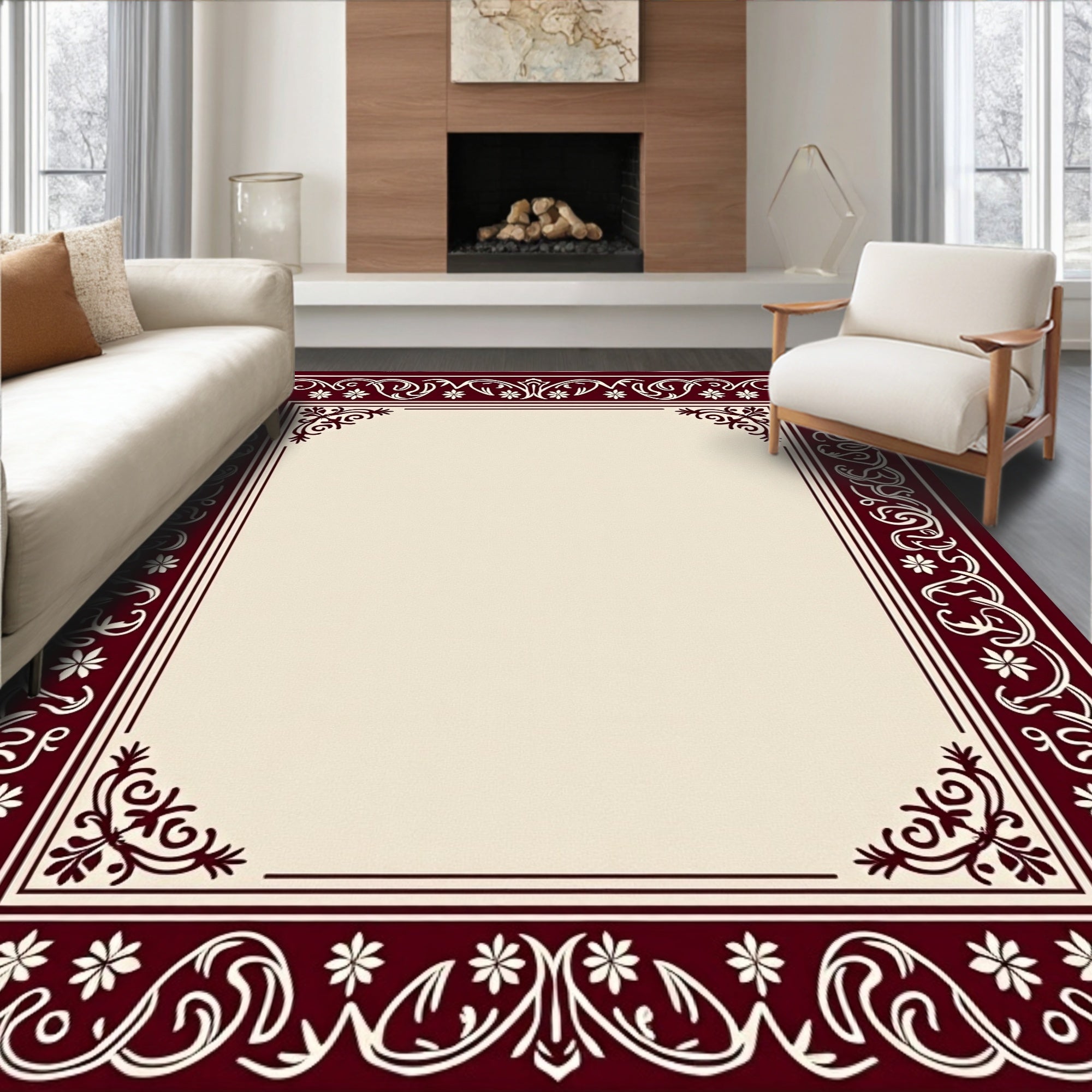 Crimson Floral Vine Scroll Border Rug