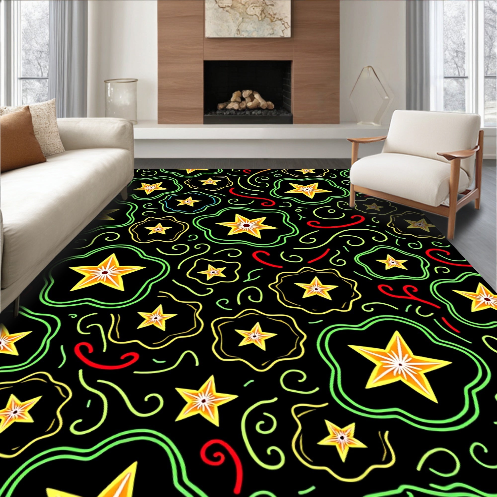 Whimsical Starbursts In Black Field Rug
