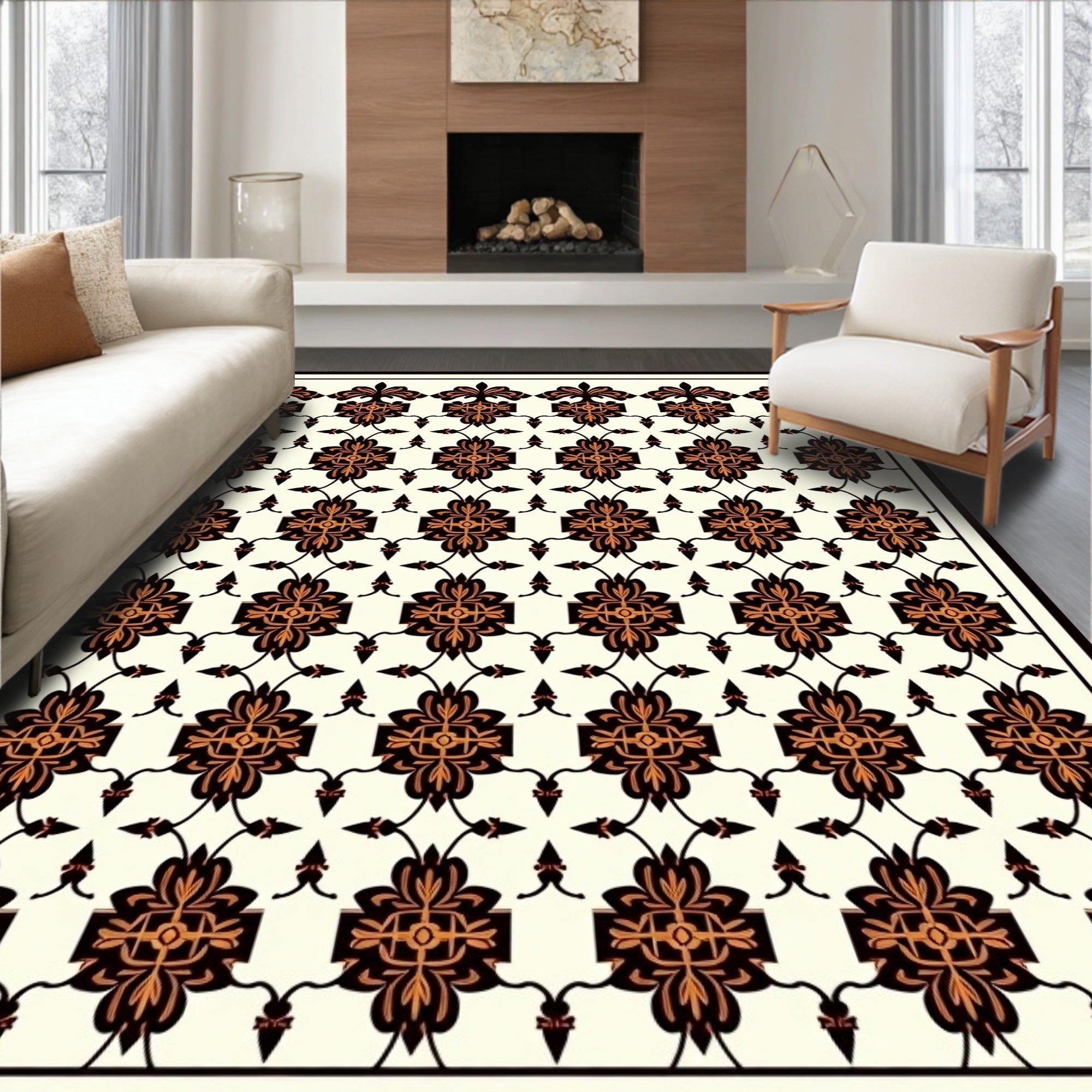 Black Orange Floral Symmetry Rug