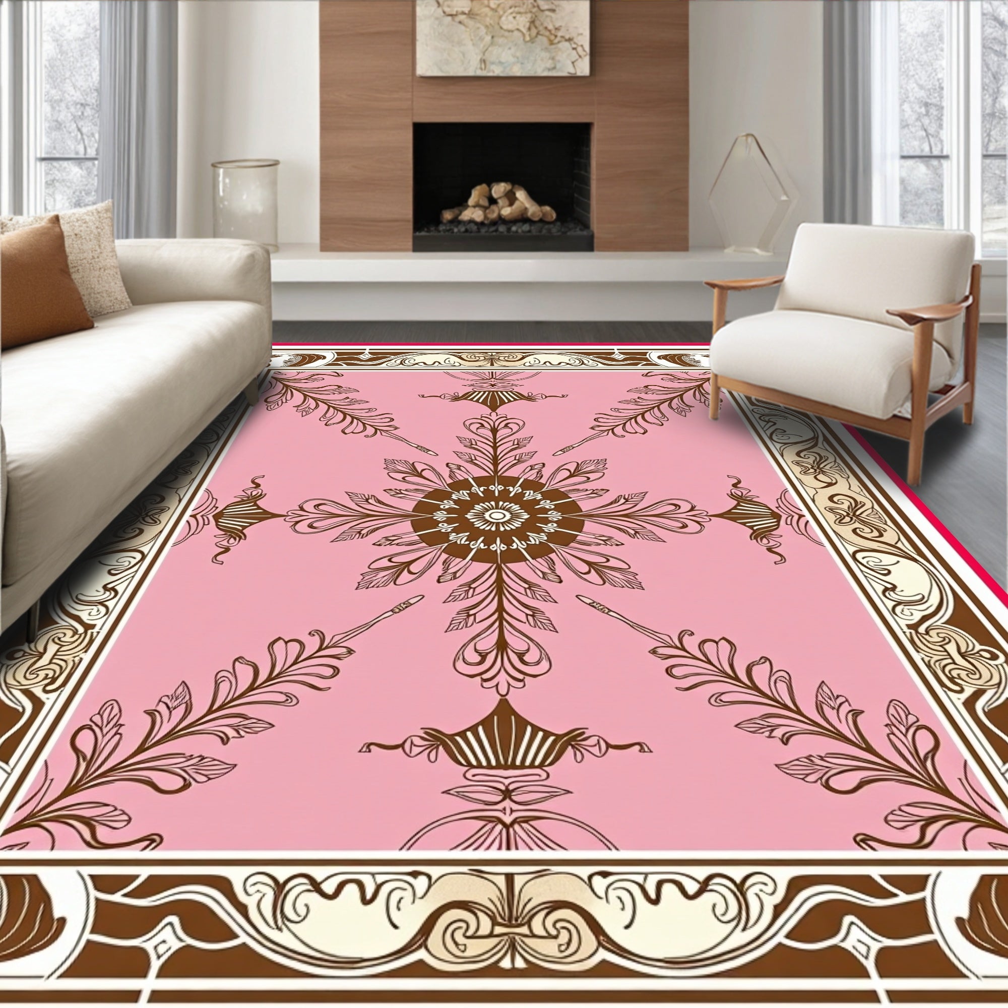 Pink Floral Sunburst Medallion Border Rug