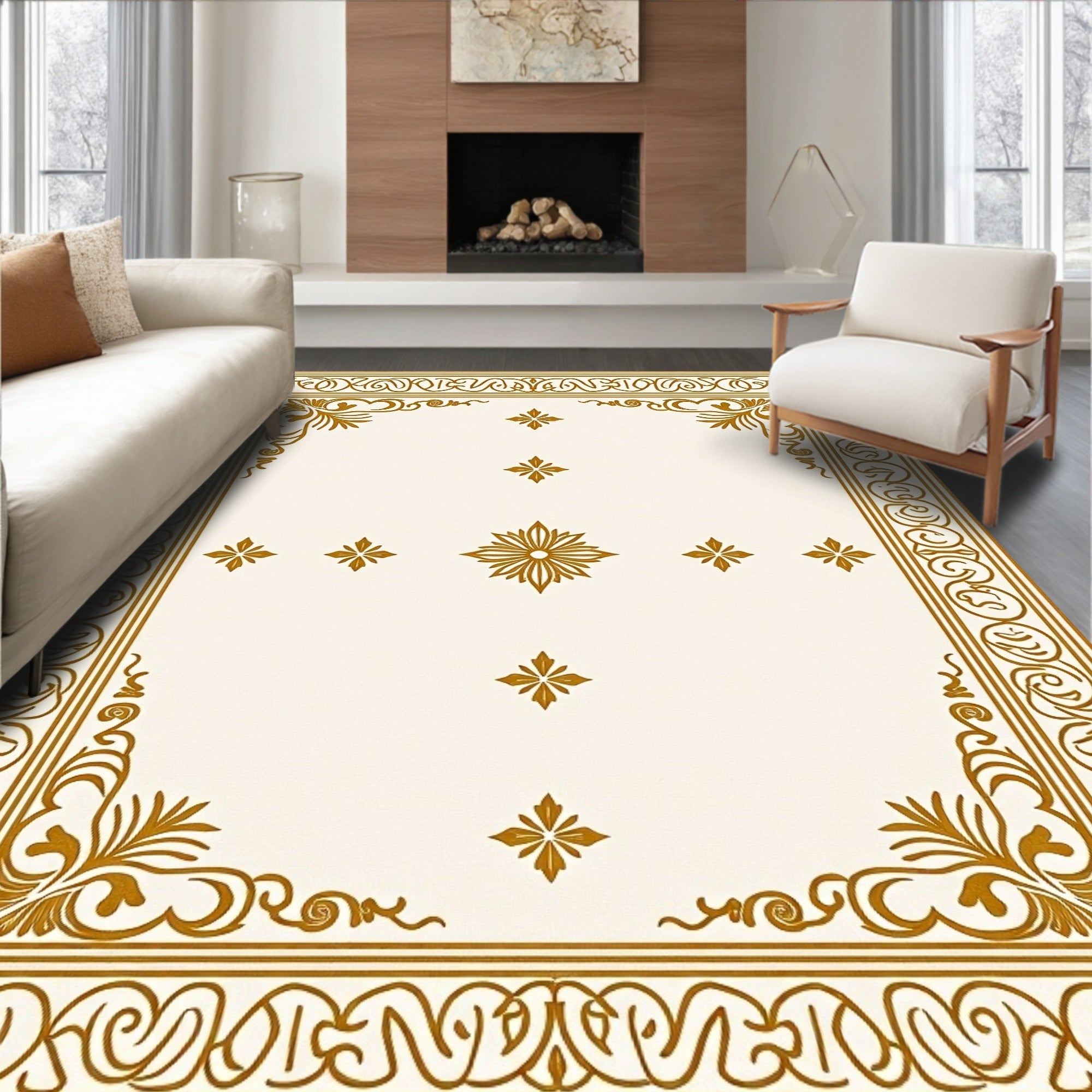 Golden Floral Bordered Crest Rug